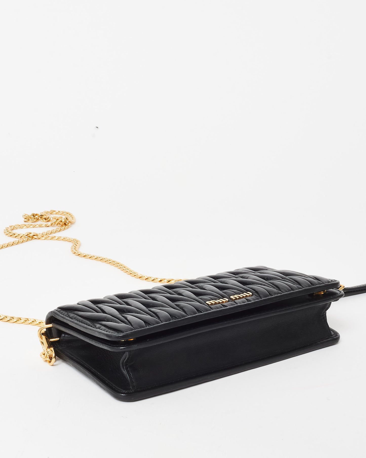 Miu Miu Black Gaufre Matelassé Leather Wallet on Chain Crossbody Bag