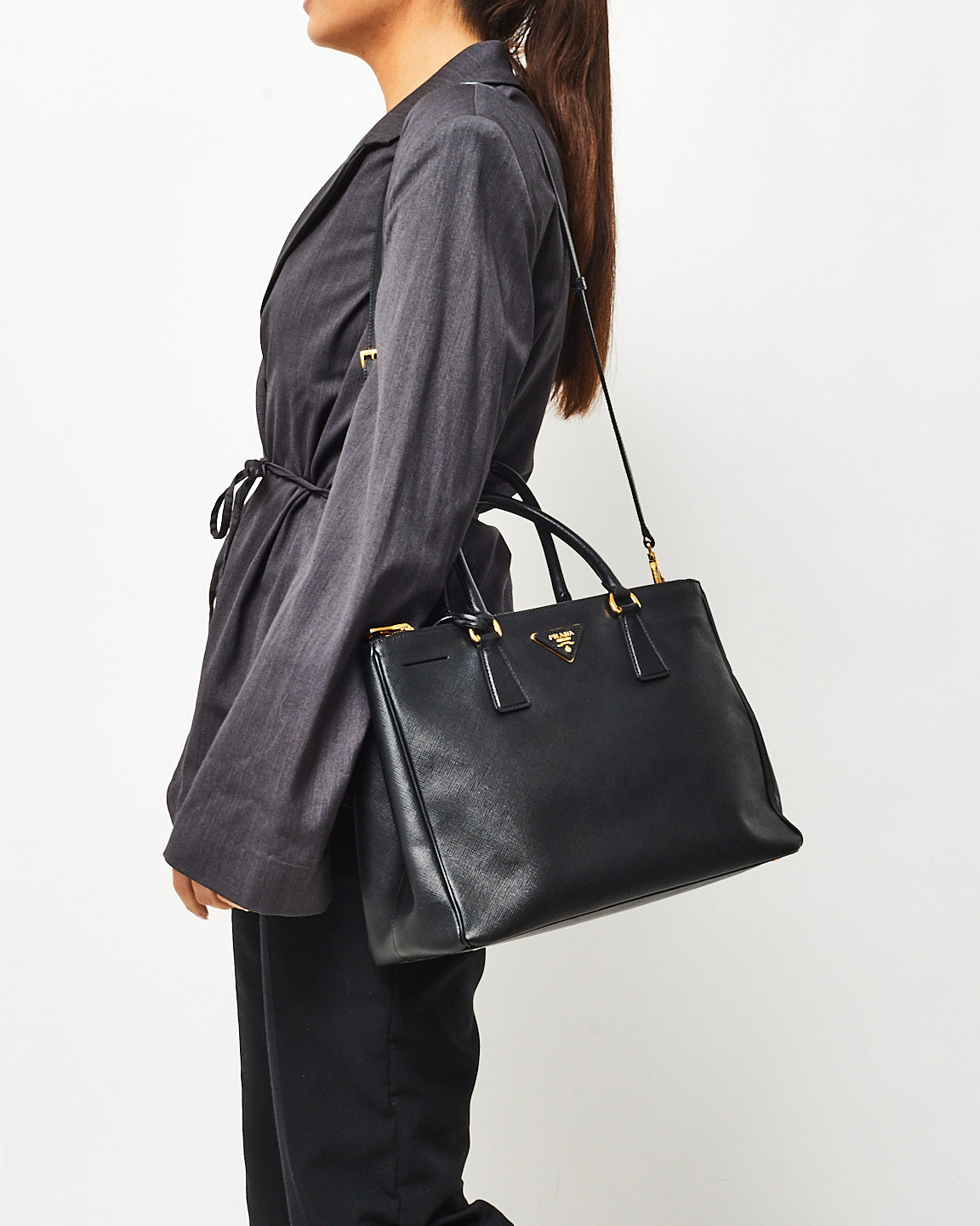 Prada Black Saffiano Leather Medium Galleria Double Zip Tote