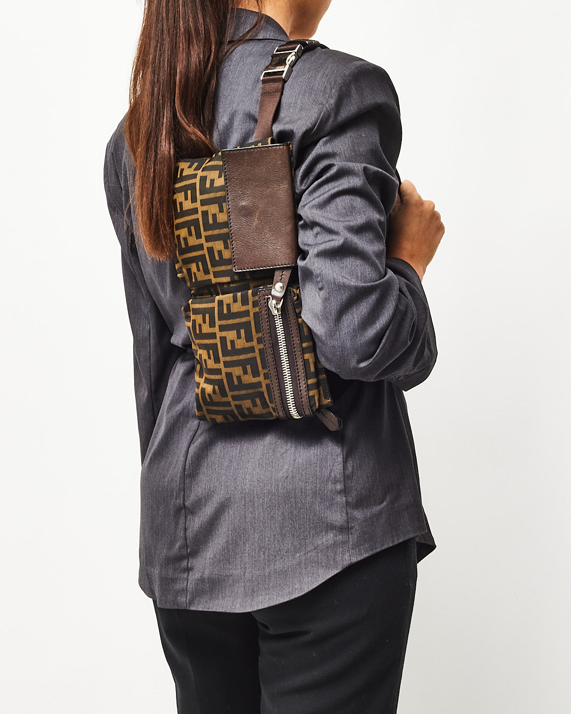 Fendi Brown Tobacco FF Zucca Print Canvas Double Pocket Belt Bag