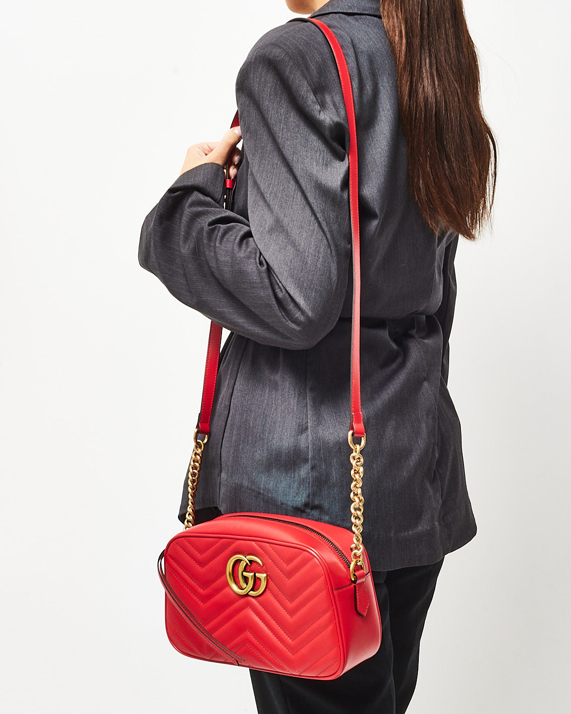 Gucci Red Matelassé Chevron Leather GG Marmont Small Camera Bag