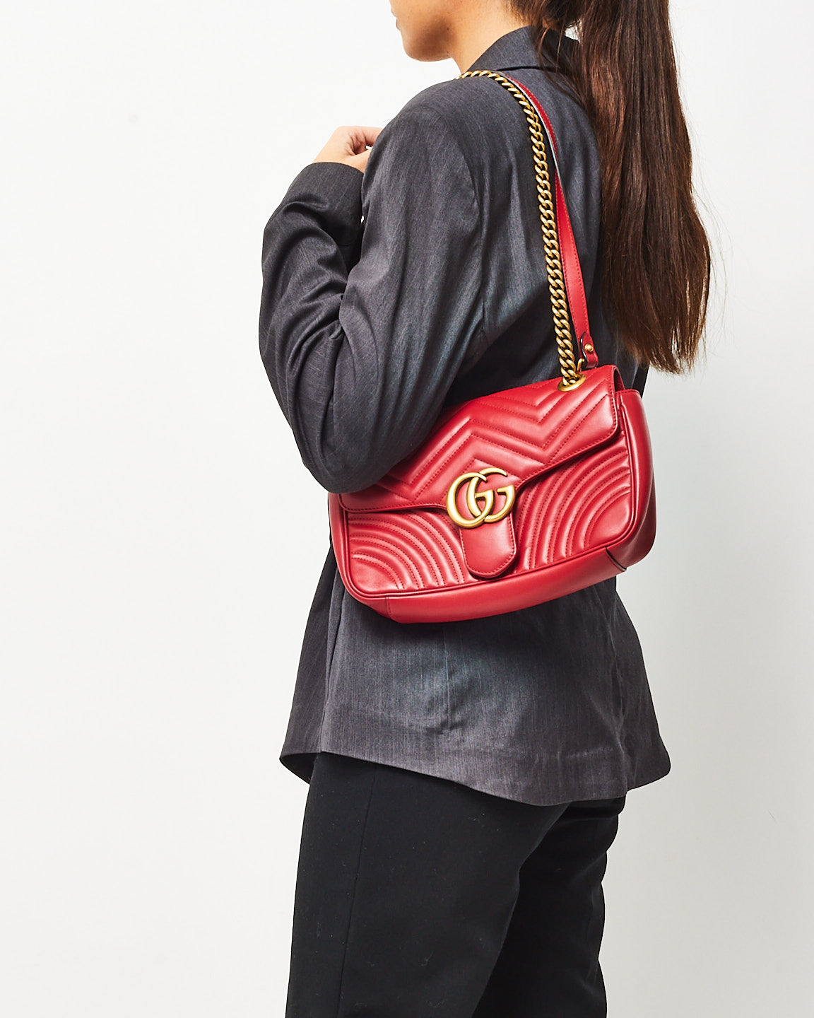 Gucci Red Matelassé Leather Medium Marmont Flap Shoulder Bag