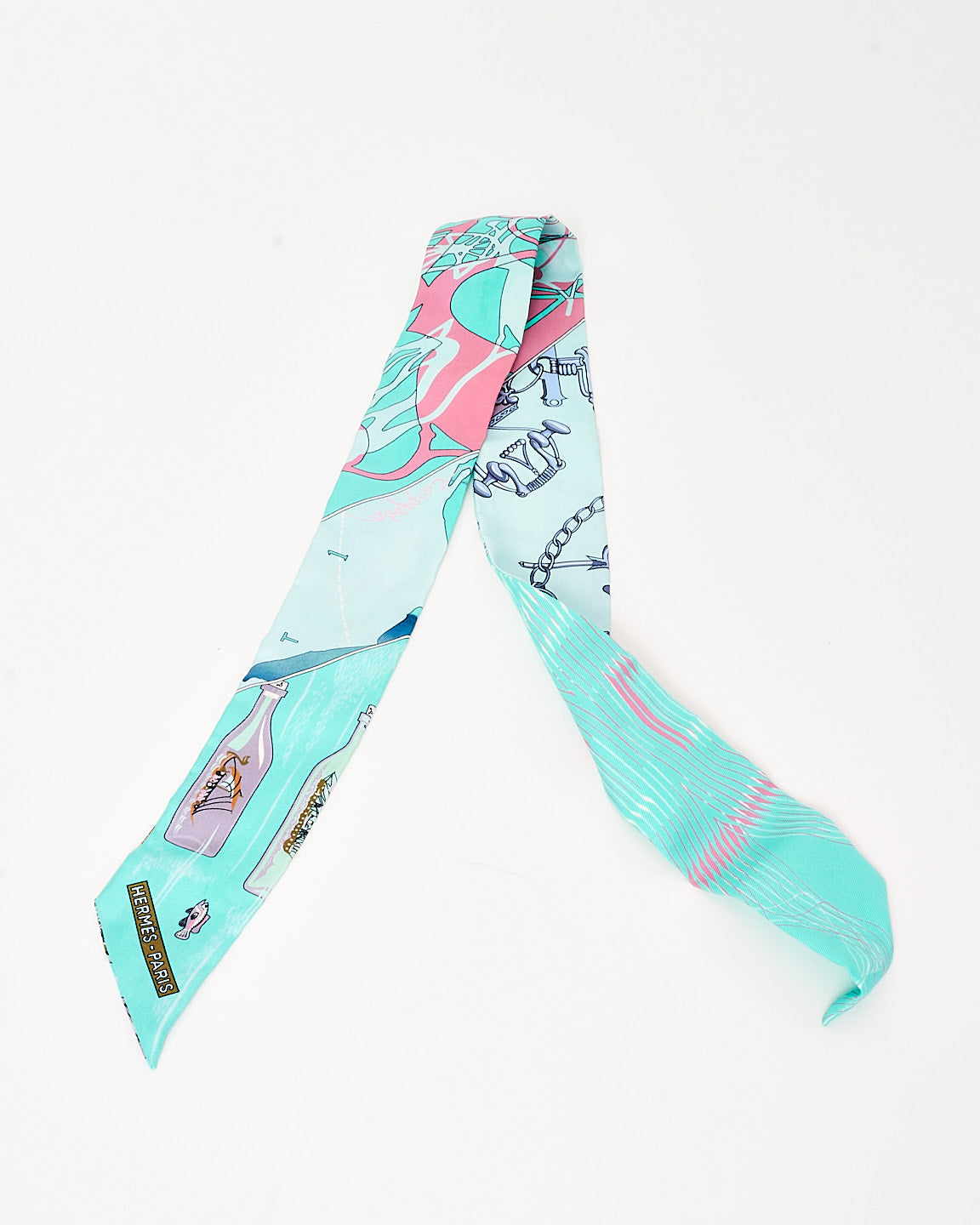 Hermès Turquoise/Pink/Purple Caleche Mors Et Bouteilles Silk Twilly Scarf