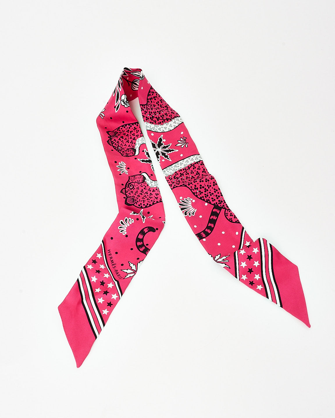 Hermès Pink Silk Panther Print Twilly Scarf
