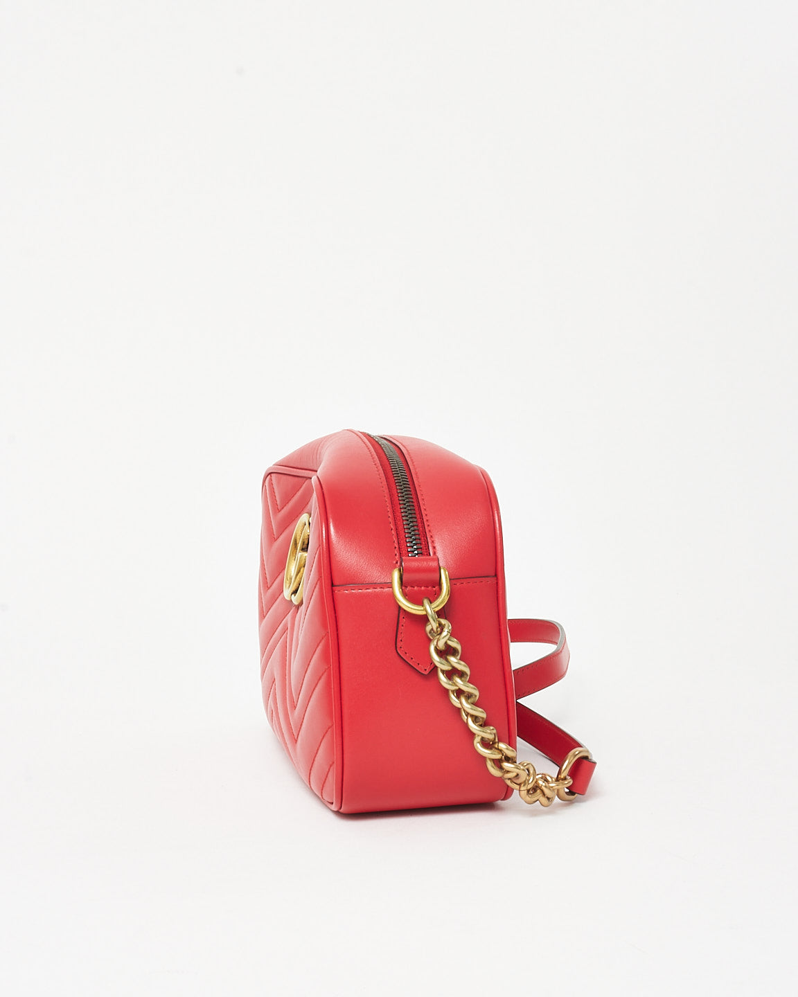 Gucci Red Matelassé Chevron Leather GG Marmont Small Camera Bag