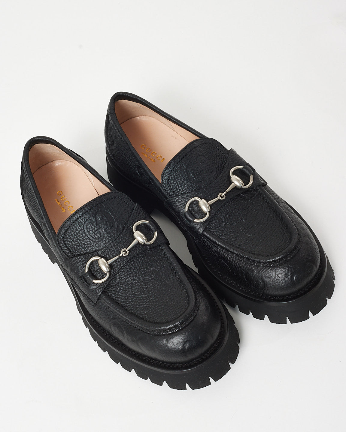 Gucci Black Piuma Calfskin Monogram GG Embossed Horsebit Rock 20mm Loafers - 40.5