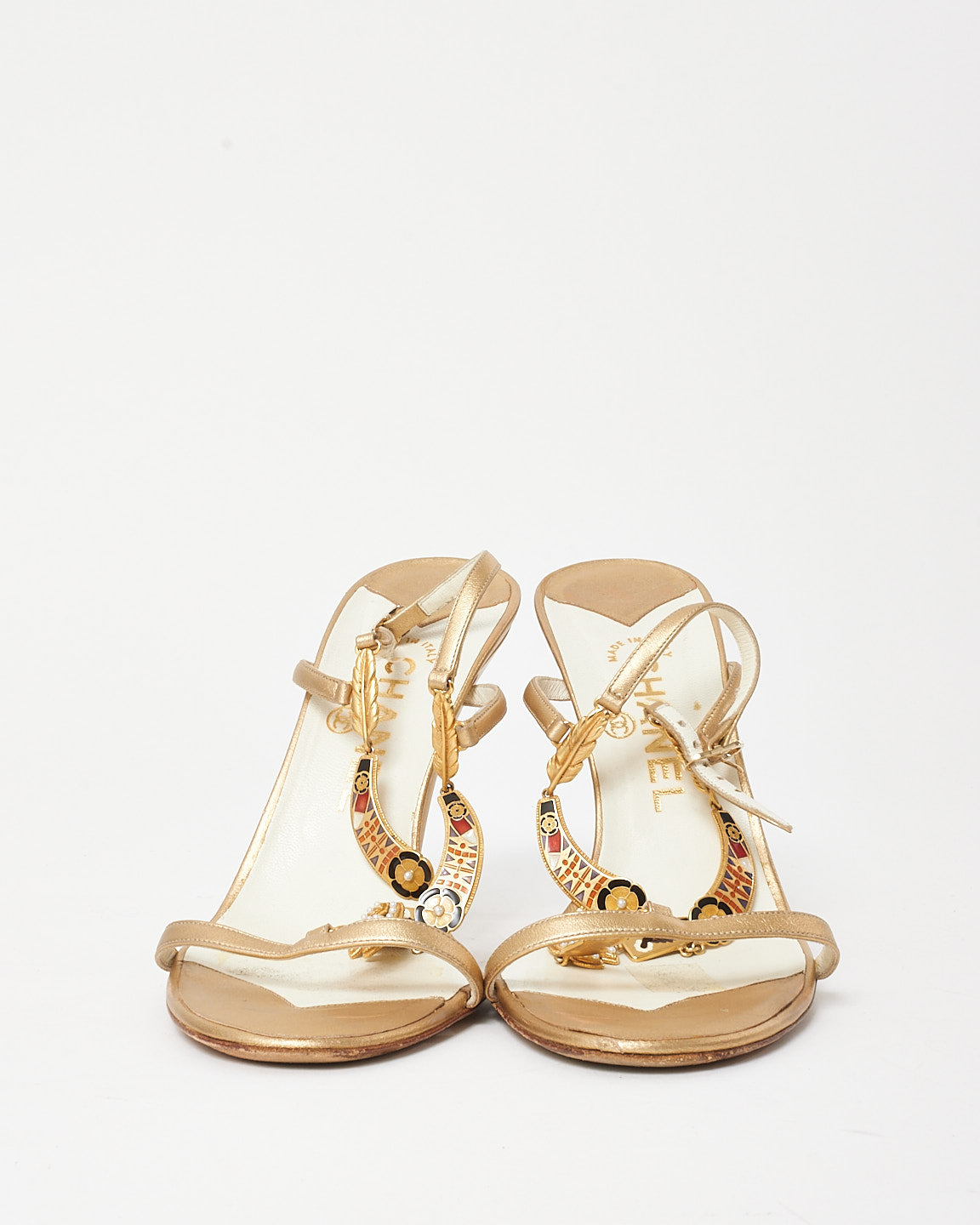 Chanel Vintage Gold Leather Jewel & Logo Charms T-Strap Heels - 40