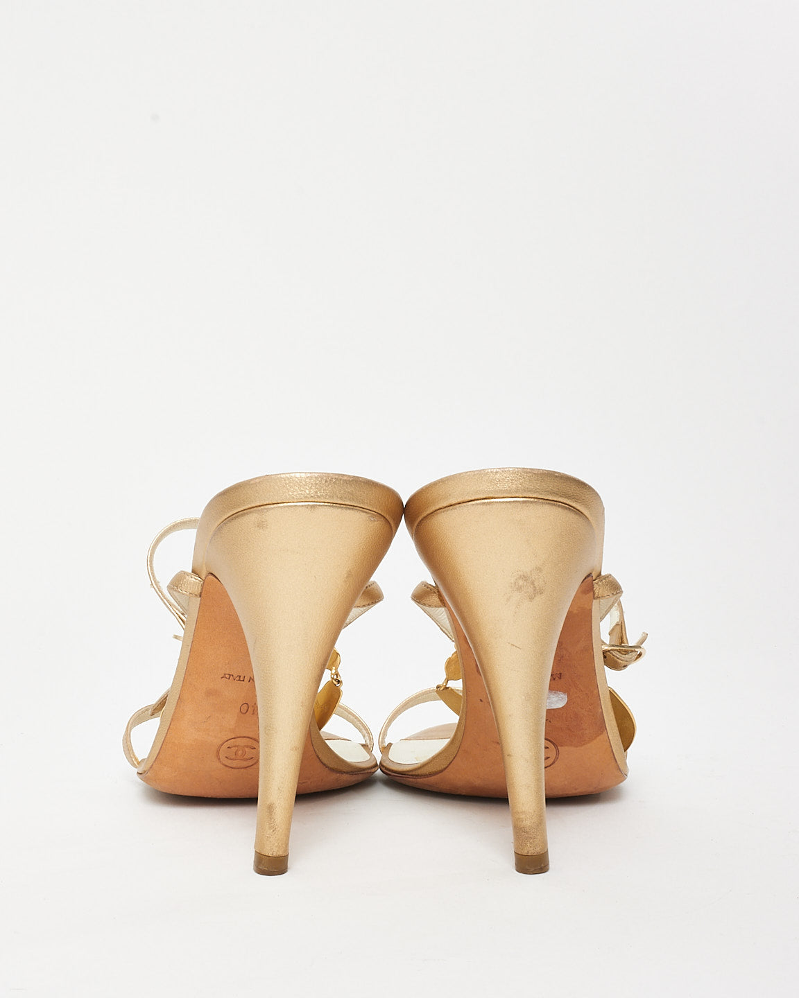 Chanel Vintage Gold Leather Jewel & Logo Charms T-Strap Heels - 40