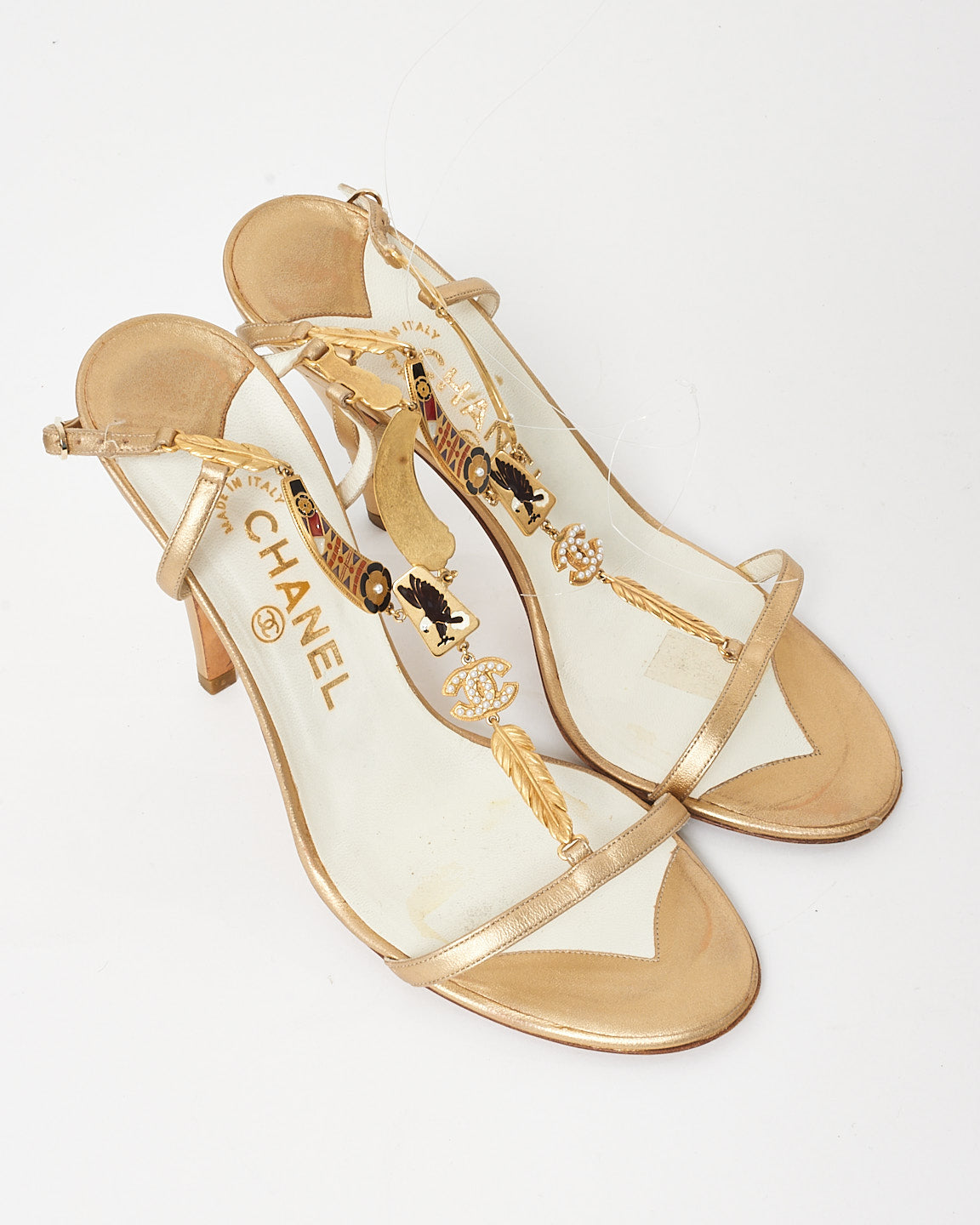 Chanel Vintage Gold Leather Jewel & Logo Charms T-Strap Heels - 40