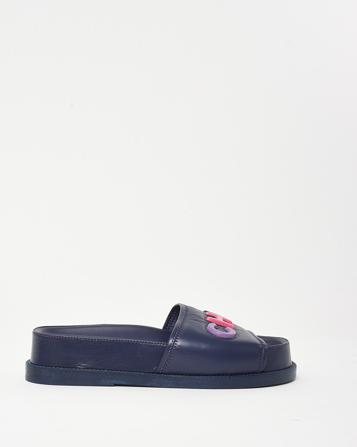 Chanel Navy Leather Multi CHA-NEL Mule Sandals - 37