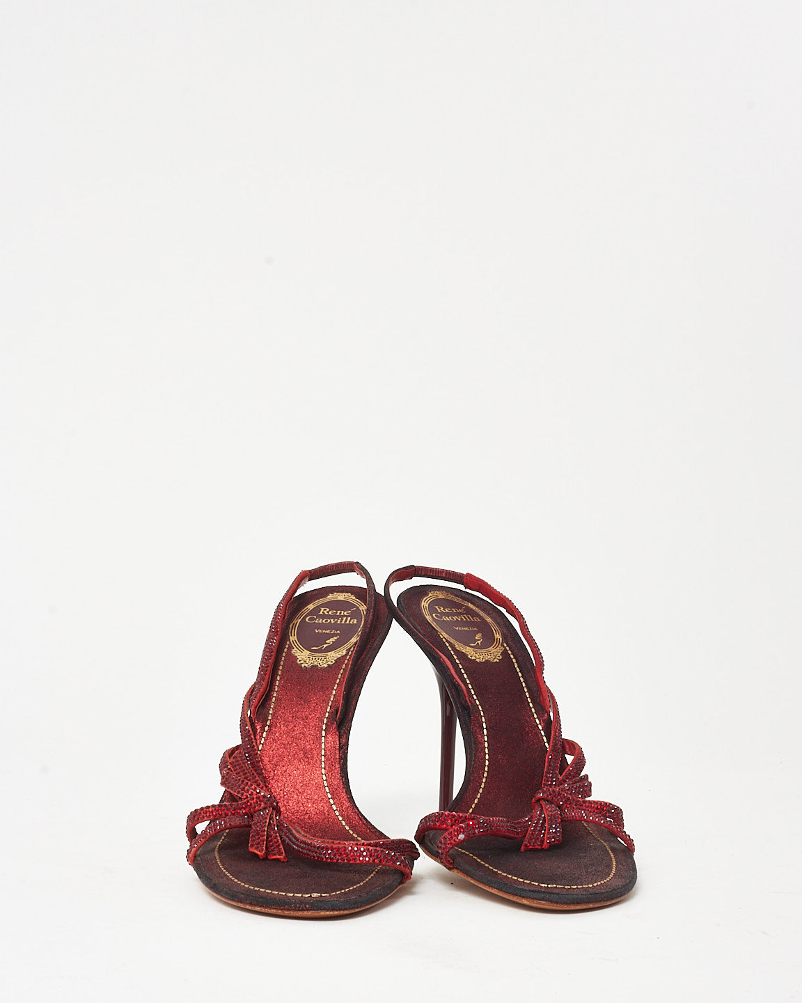 Rene Caovilla Burgundy Red Satin Glitter Bow Irina Sling Back Heels - 39.5