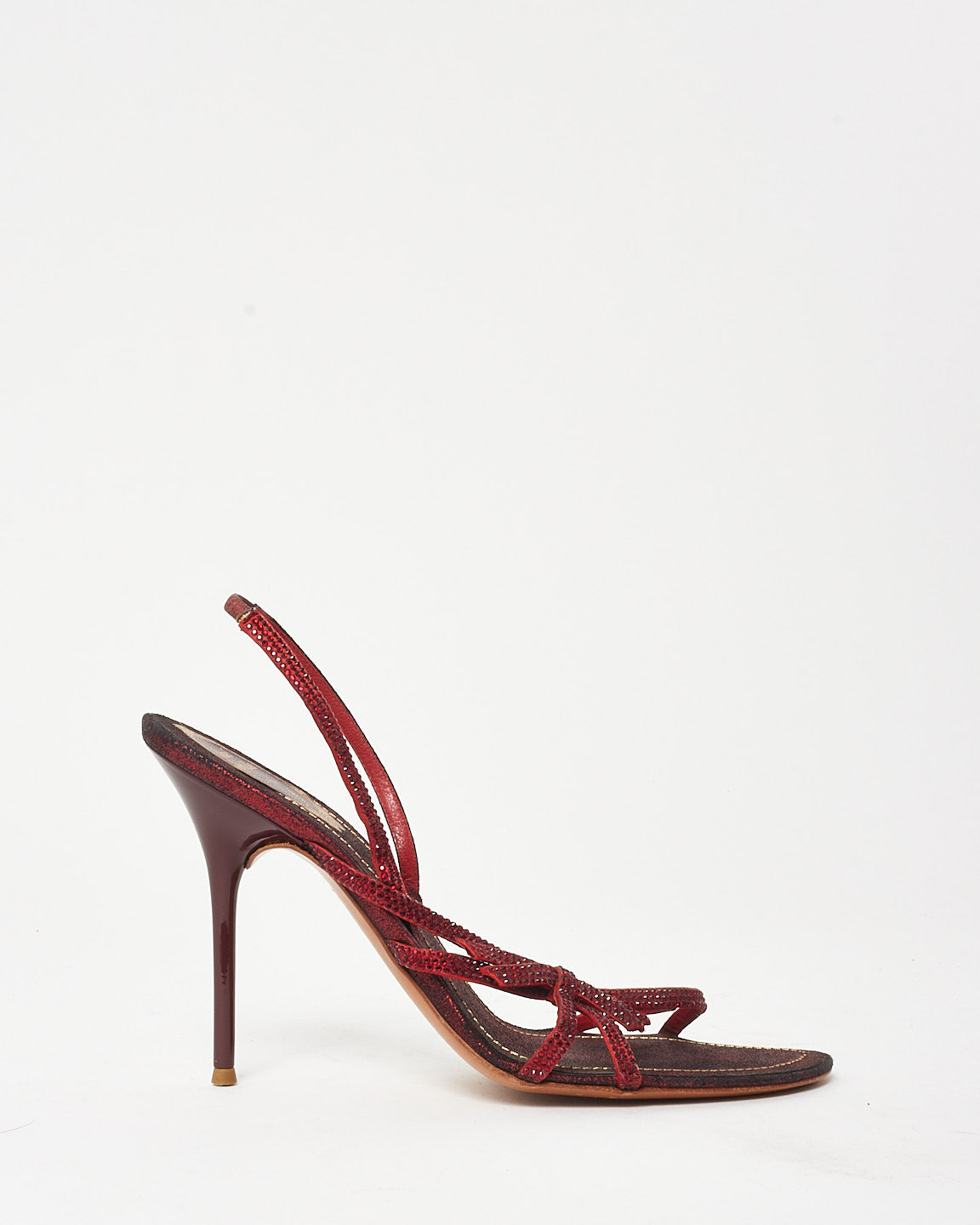 Rene Caovilla Burgundy Red Satin Glitter Bow Irina Sling Back Heels - 39.5