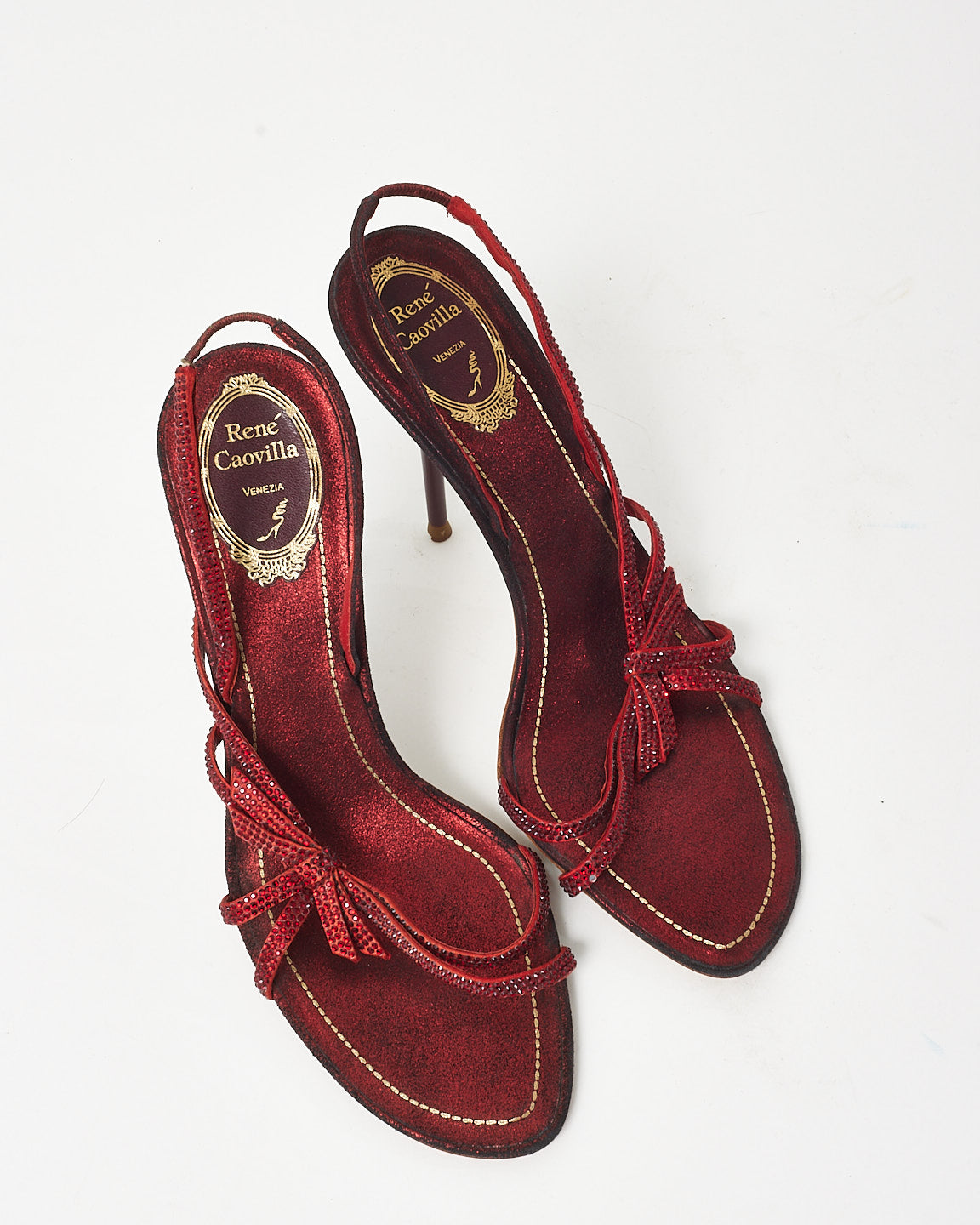 Rene Caovilla Burgundy Red Satin Glitter Bow Irina Sling Back Heels - 39.5