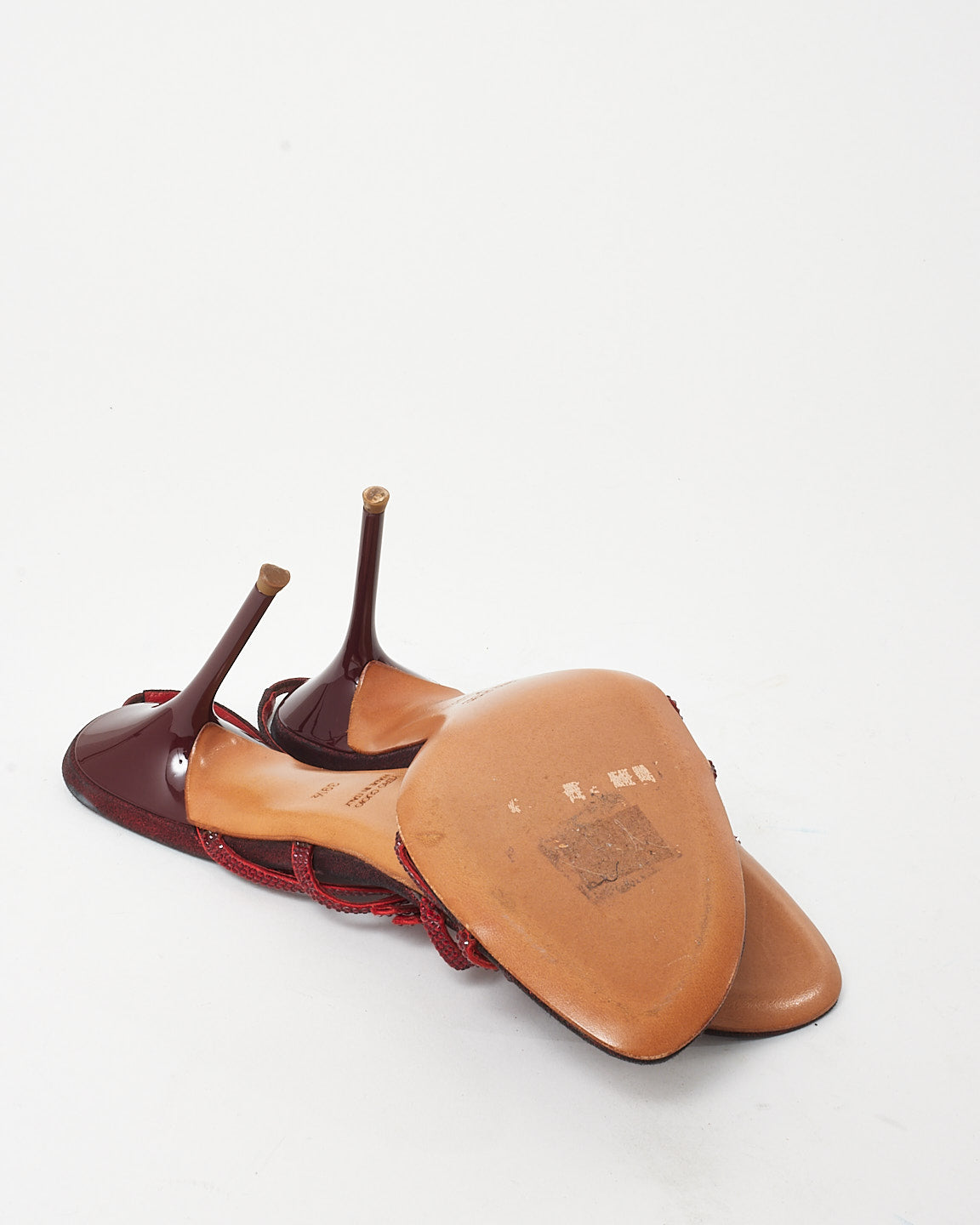 Rene Caovilla Burgundy Red Satin Glitter Bow Irina Sling Back Heels - 39.5