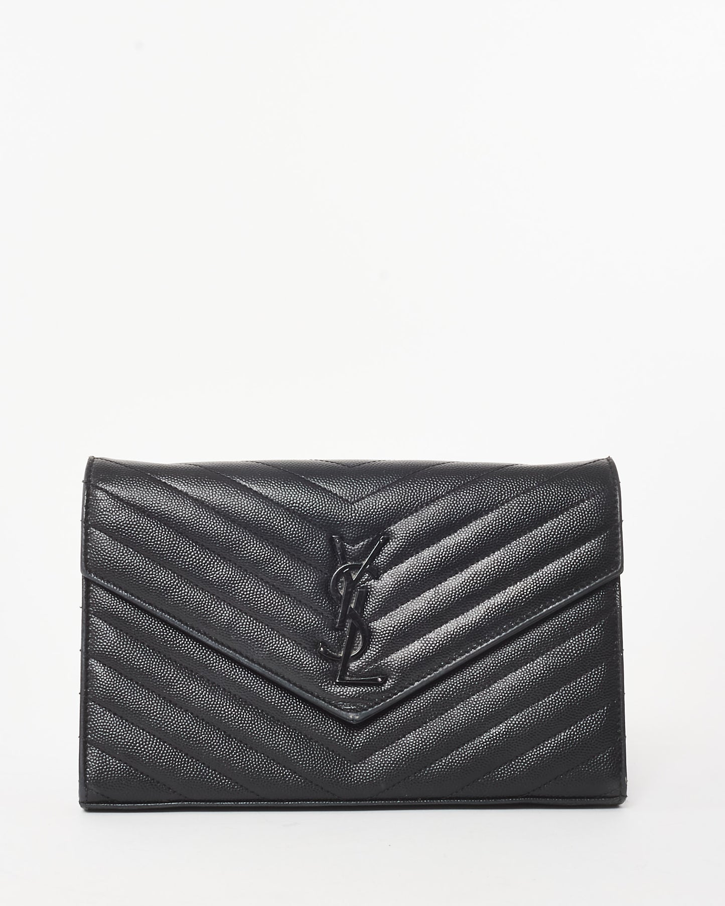 Saint Laurent Black Grain de Poudre Leather Classic Cassandre Chain Wallet Crossbody BHW