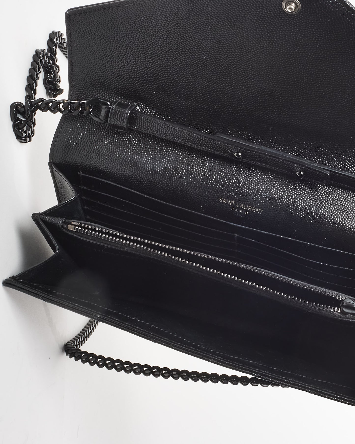 Saint Laurent Black Grain de Poudre Leather Classic Cassandre Chain Wallet Crossbody BHW