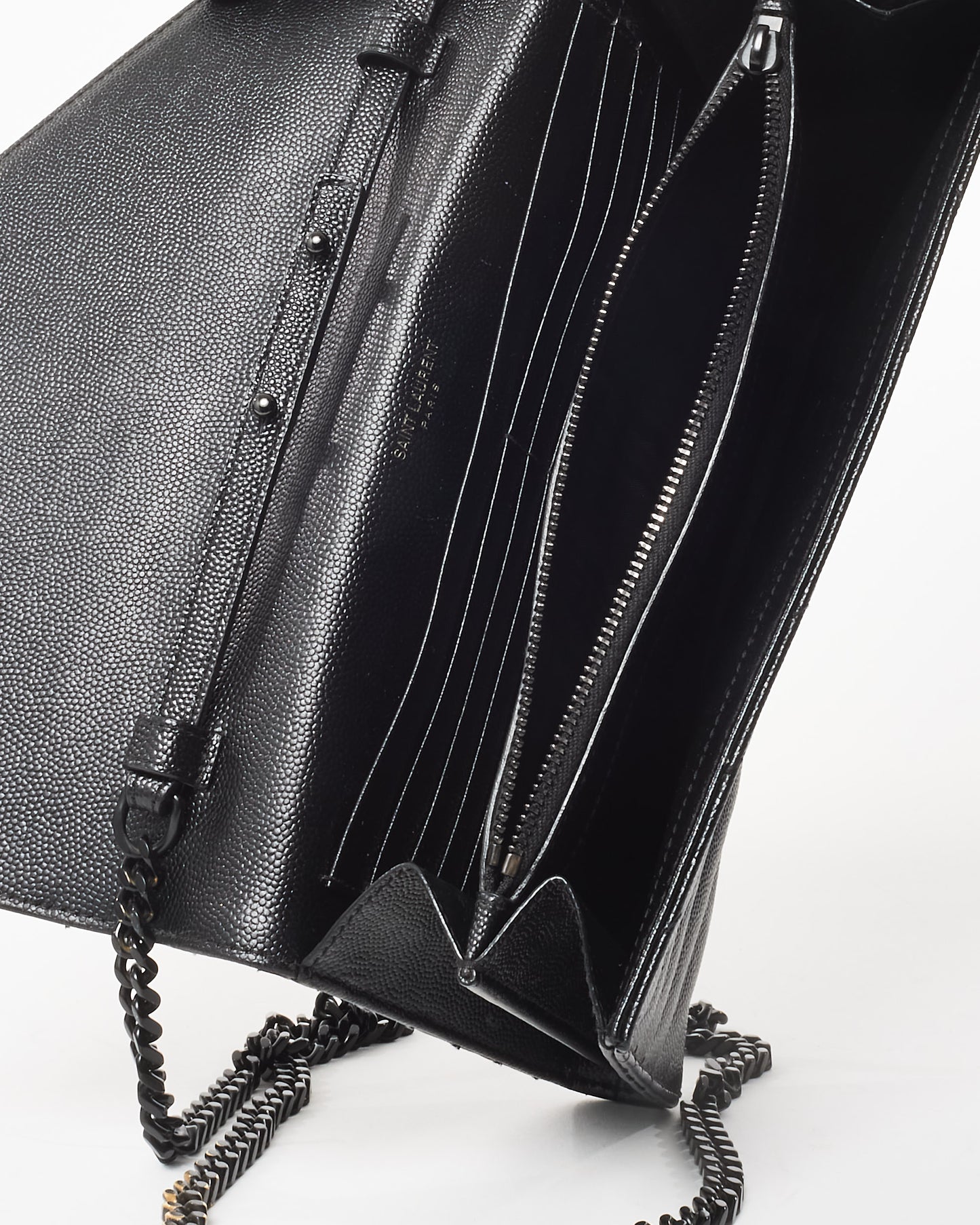 Saint Laurent Black Grain de Poudre Leather Classic Cassandre Chain Wallet Crossbody BHW