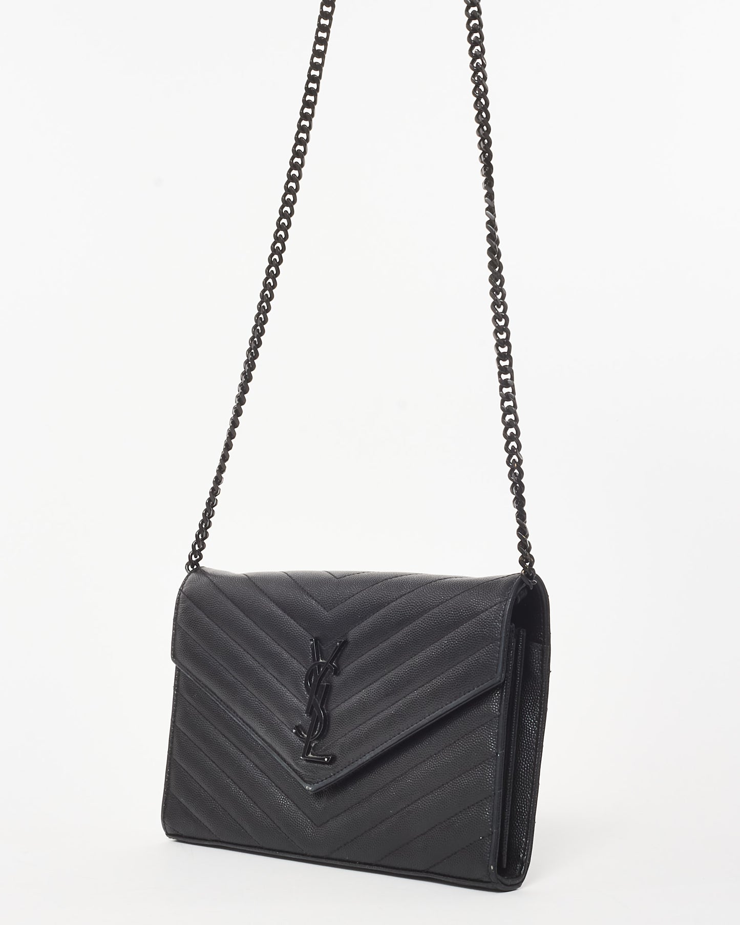 Saint Laurent Black Grain de Poudre Leather Classic Cassandre Chain Wallet Crossbody BHW