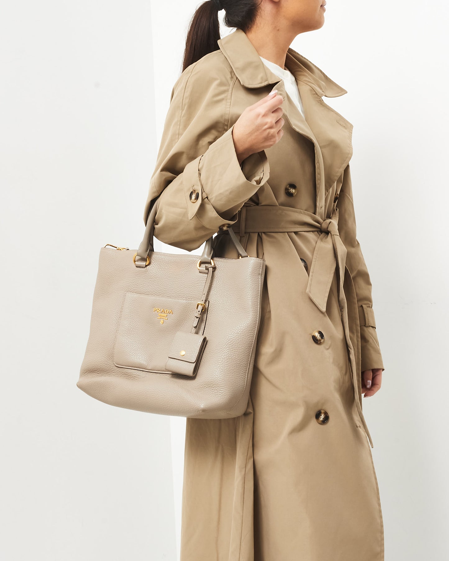 Prada Grey Daino Leather Two Way Tote Bag with Strap