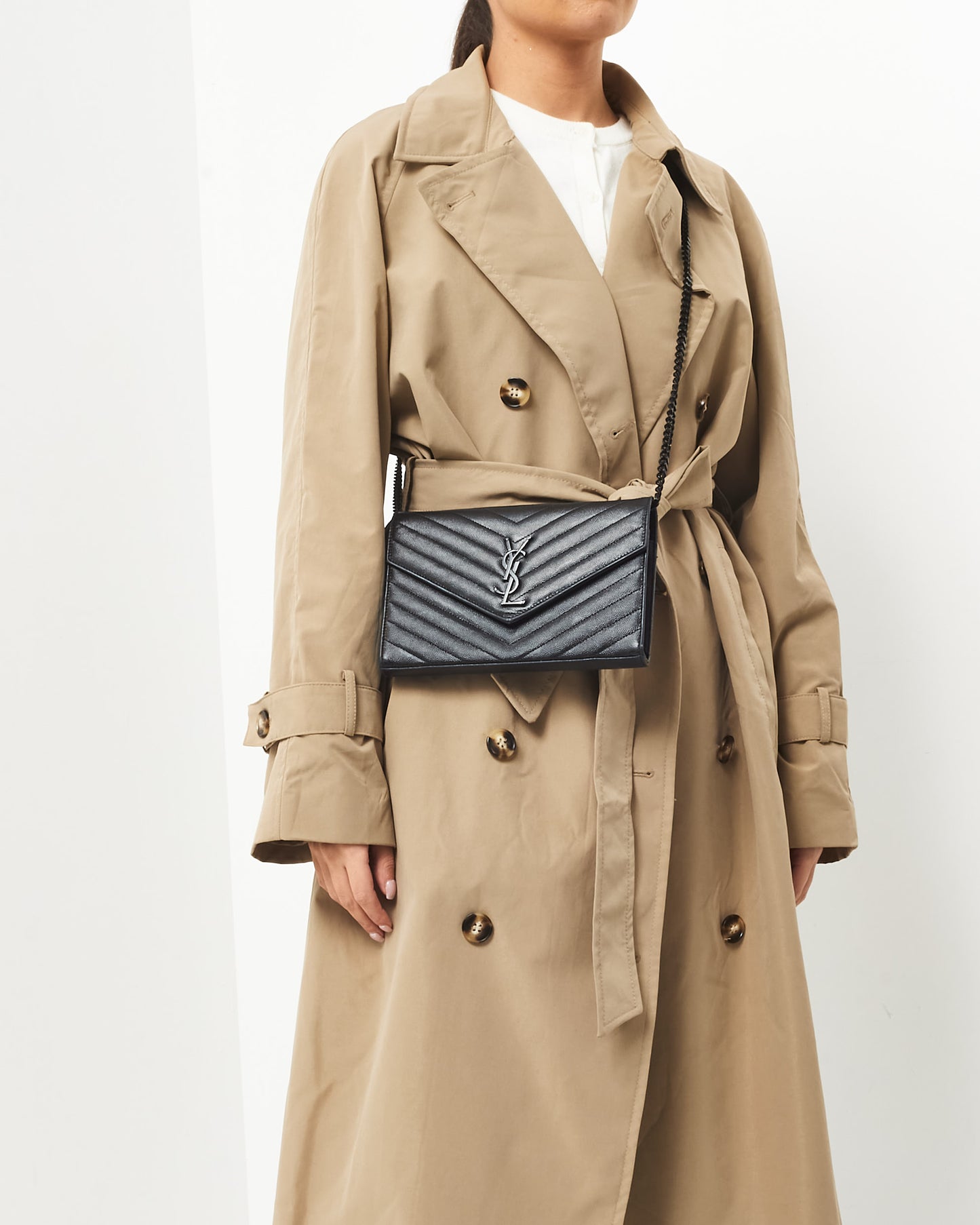 Saint Laurent Black Grain de Poudre Leather Classic Cassandre Chain Wallet Crossbody BHW