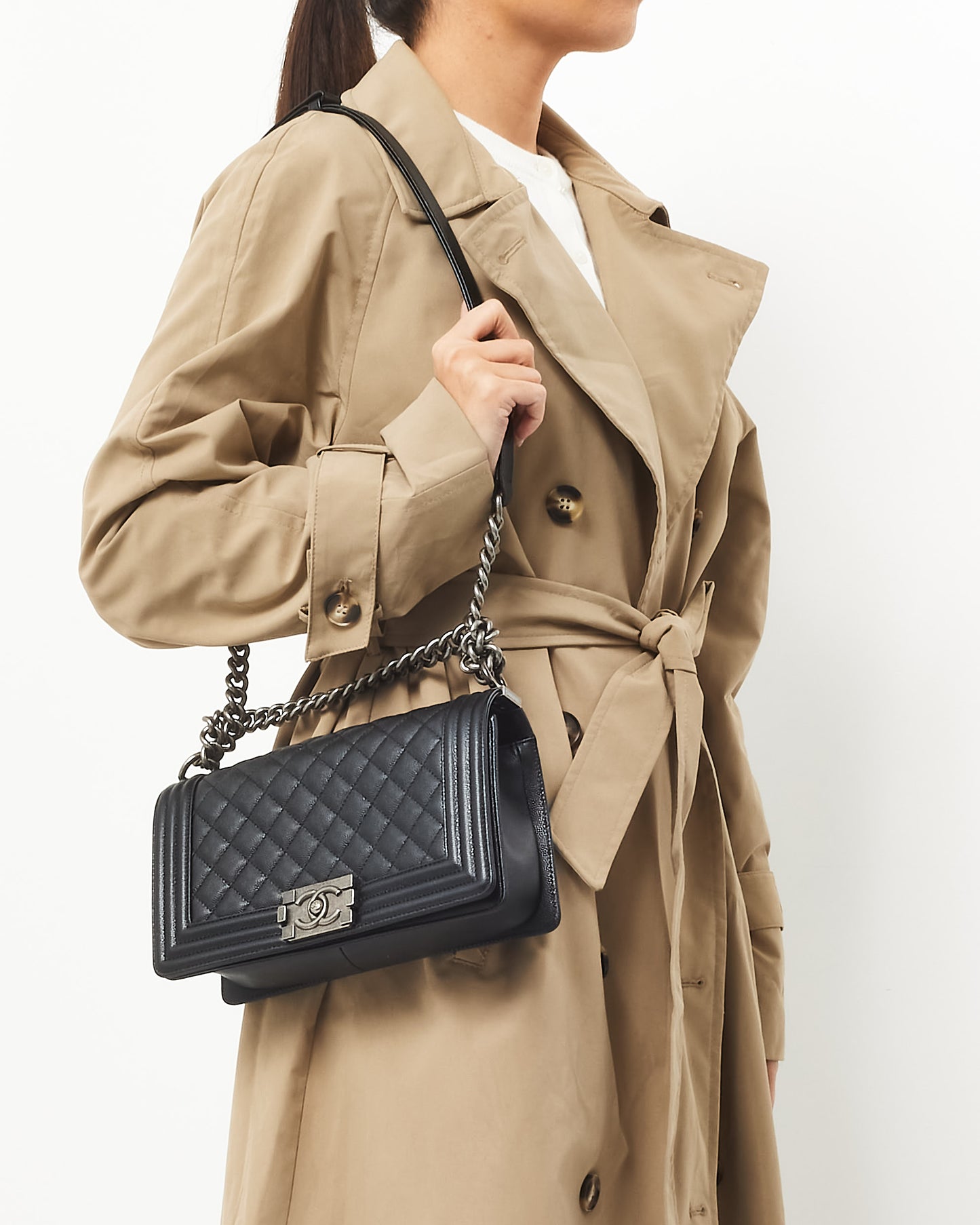 Chanel Black Caviar Leather Old Medium Boy Bag w/ RHW