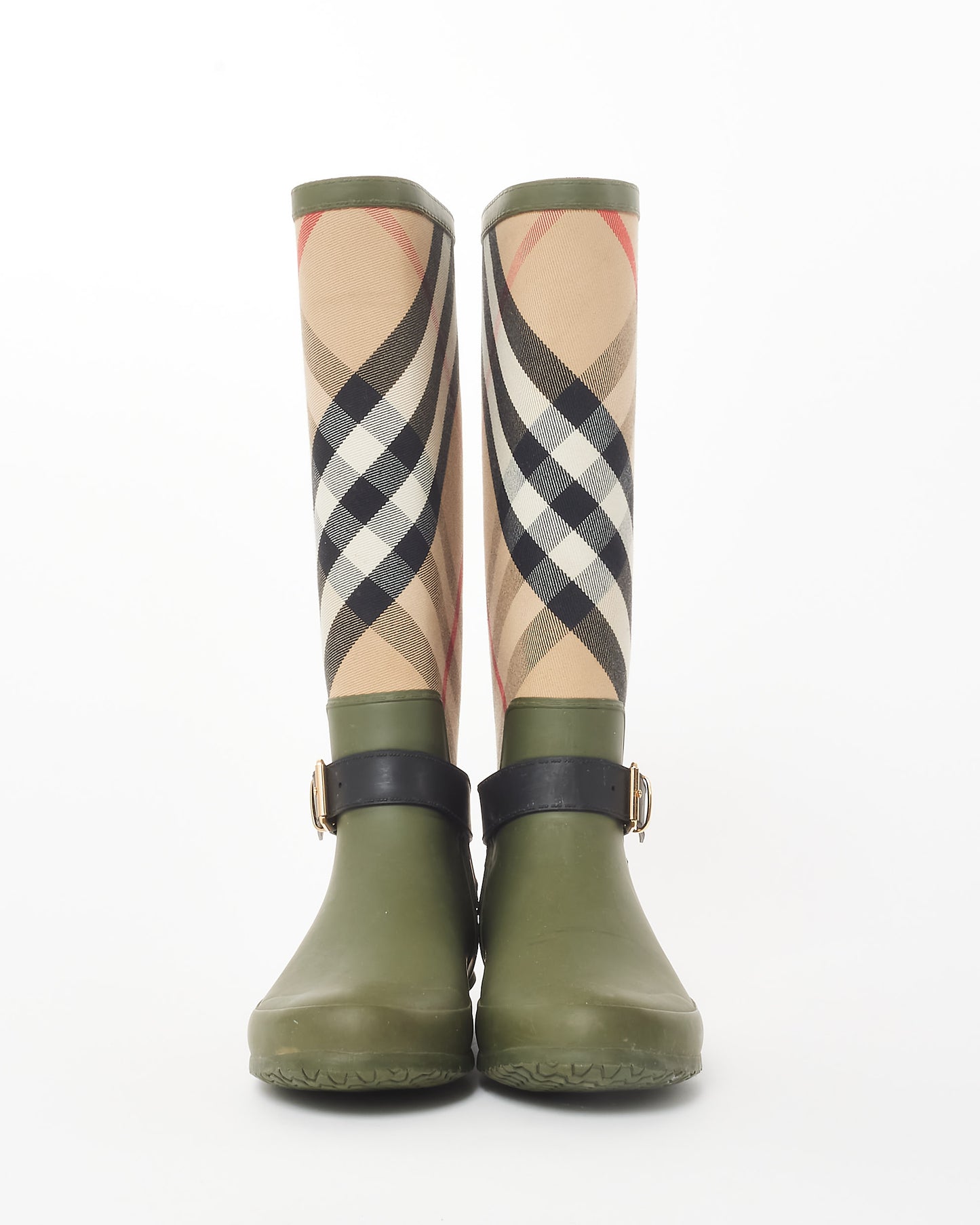 Burberry Olive Green & Beige House Check Rubber Rain Boots - 40