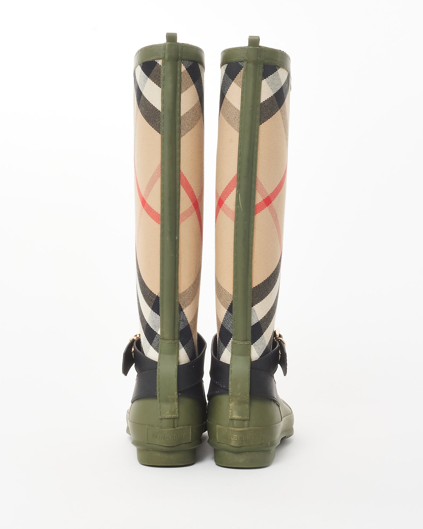 Burberry Olive Green & Beige House Check Rubber Rain Boots - 40