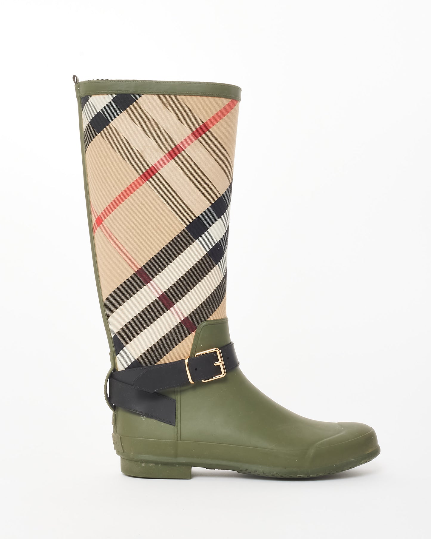Burberry Olive Green & Beige House Check Rubber Rain Boots - 40