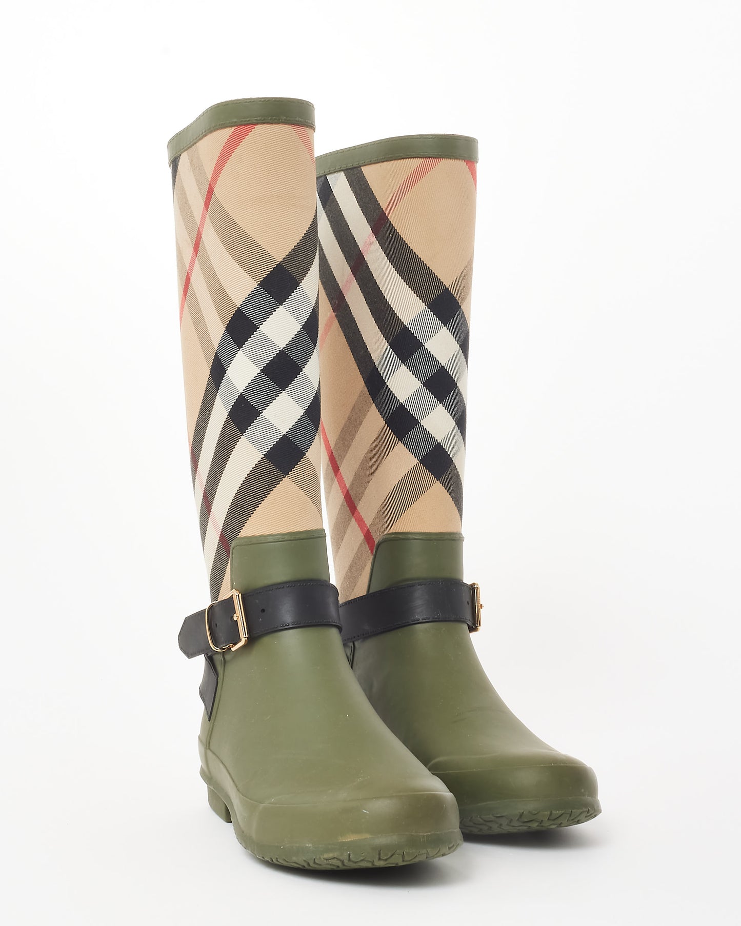 Burberry Olive Green & Beige House Check Rubber Rain Boots - 40