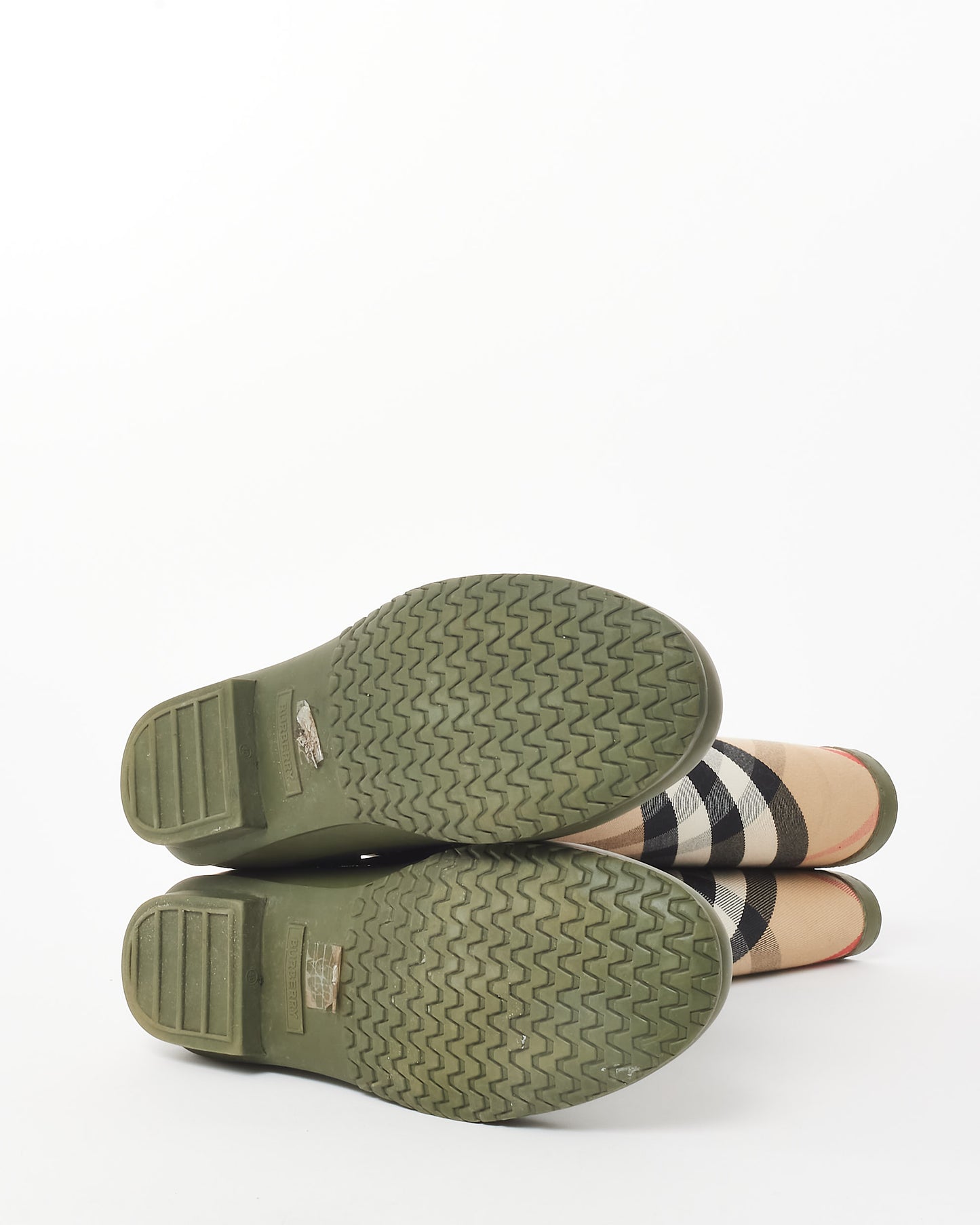 Burberry Olive Green & Beige House Check Rubber Rain Boots - 40