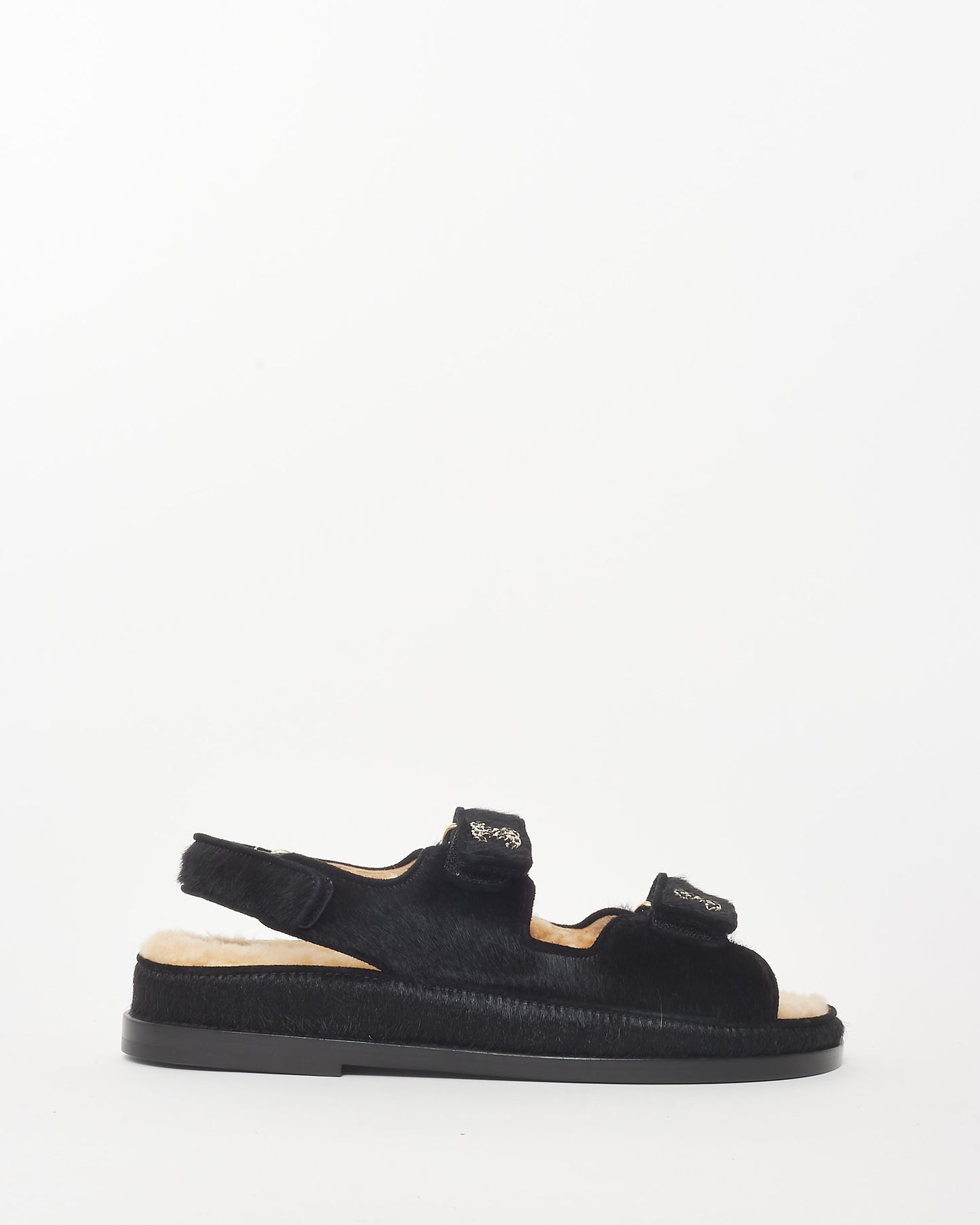 Chanel Black Pony Hair & Shearling Logo Dad Sandals - 37