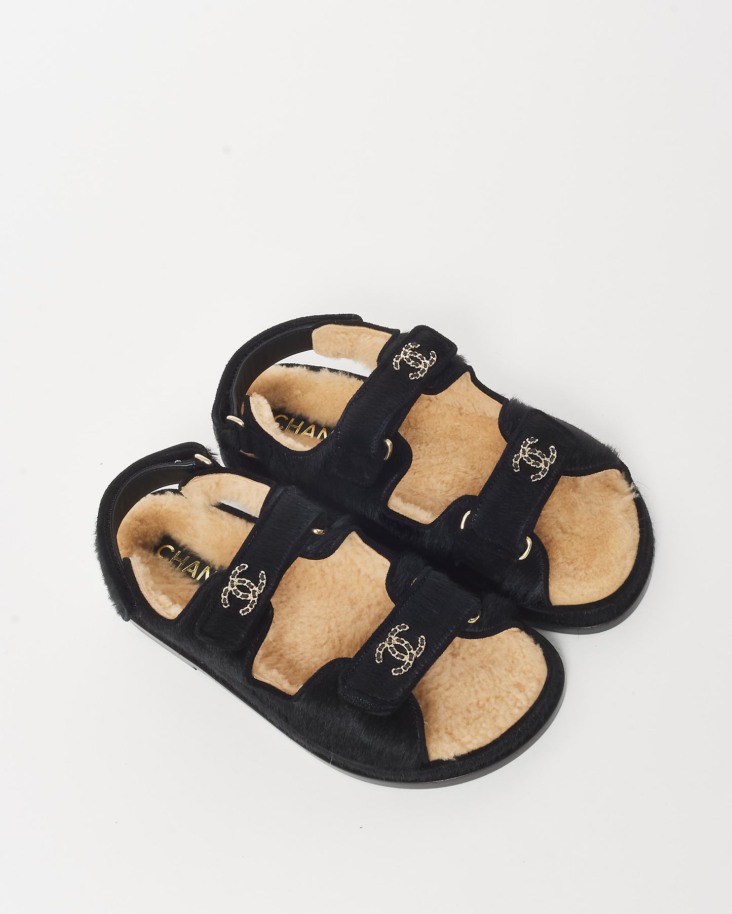 Chanel Black Pony Hair & Shearling Logo Dad Sandals - 37