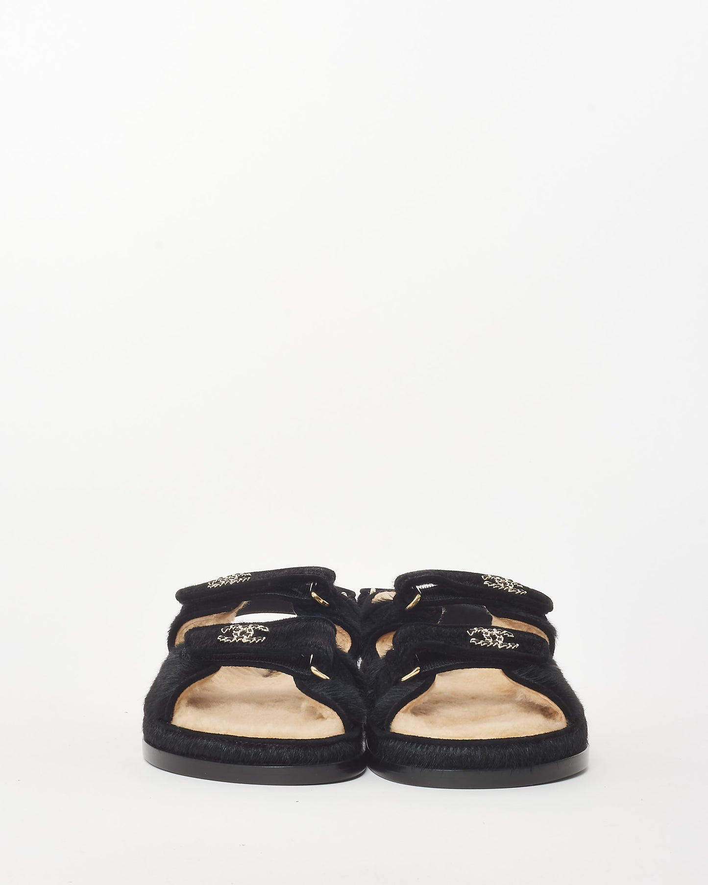 Chanel Black Pony Hair & Shearling Logo Dad Sandals - 37