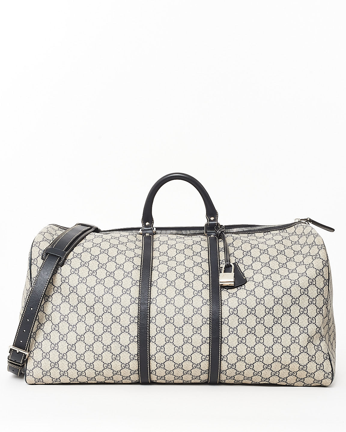 Gucci Navy & Beige Monogram GG Supreme Canvas Carry On Duffle Bag w/ Strap