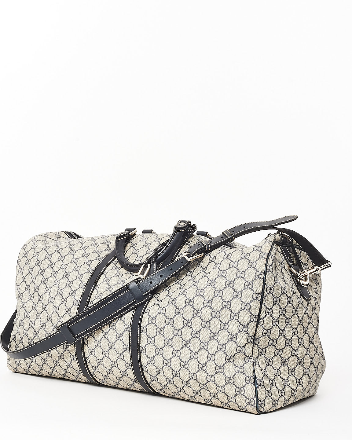 Gucci Navy & Beige Monogram GG Supreme Canvas Carry On Duffle Bag w/ Strap