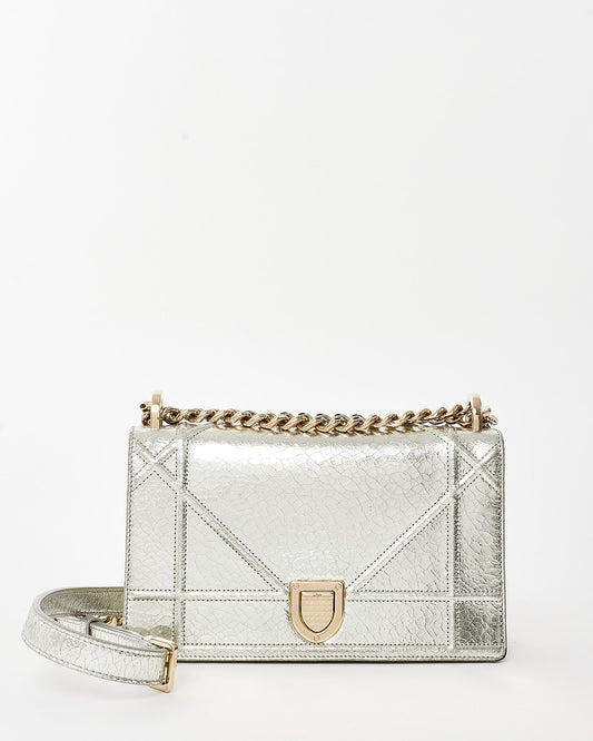 Dior Metallic Silver Crackled Leather Small Diorama Flap Bag