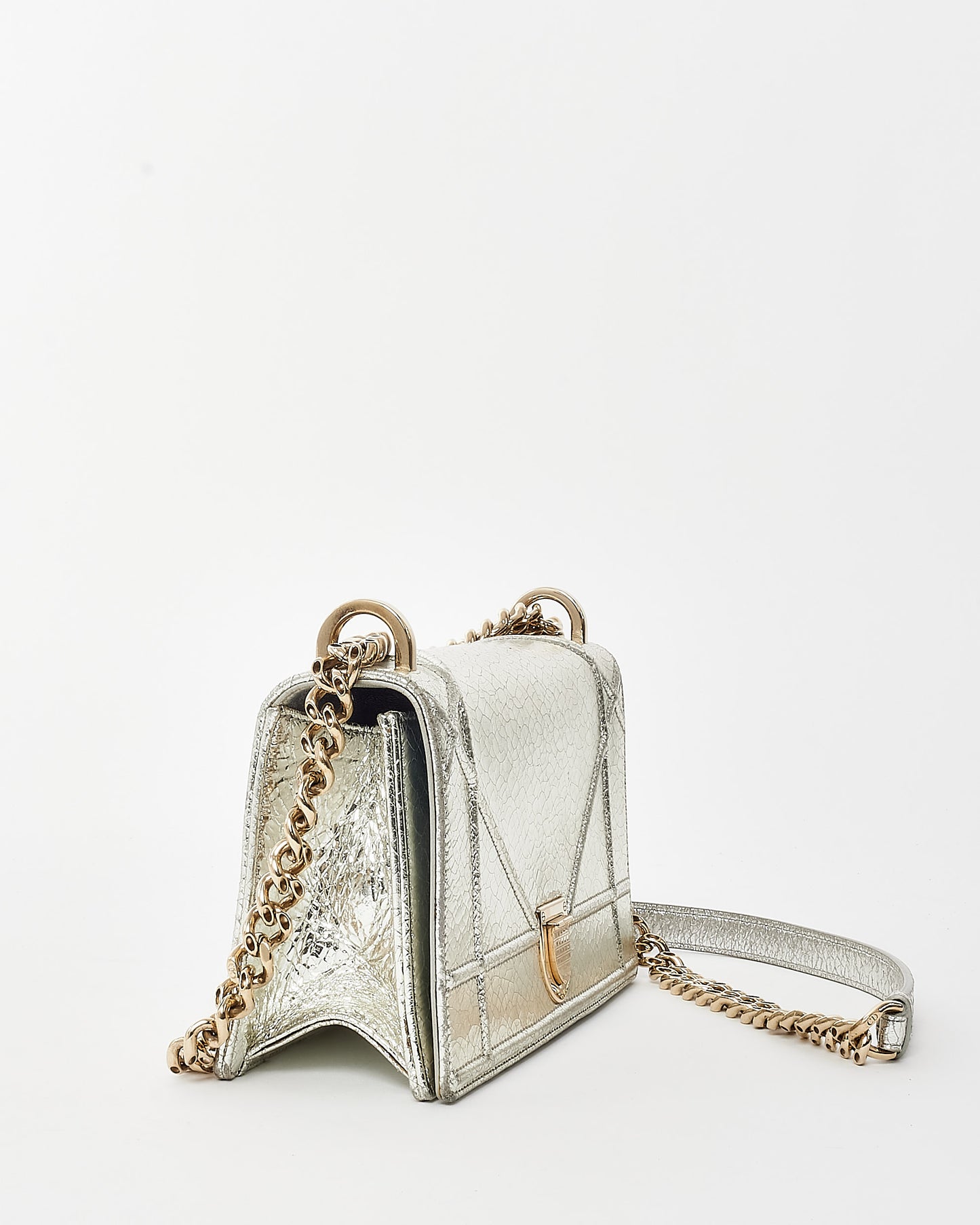 Dior Metallic Silver Crackled Leather Small Diorama Flap Bag