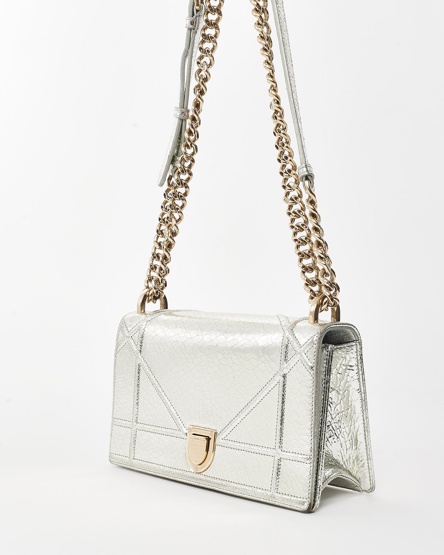 Dior Metallic Silver Crackled Leather Small Diorama Flap Bag