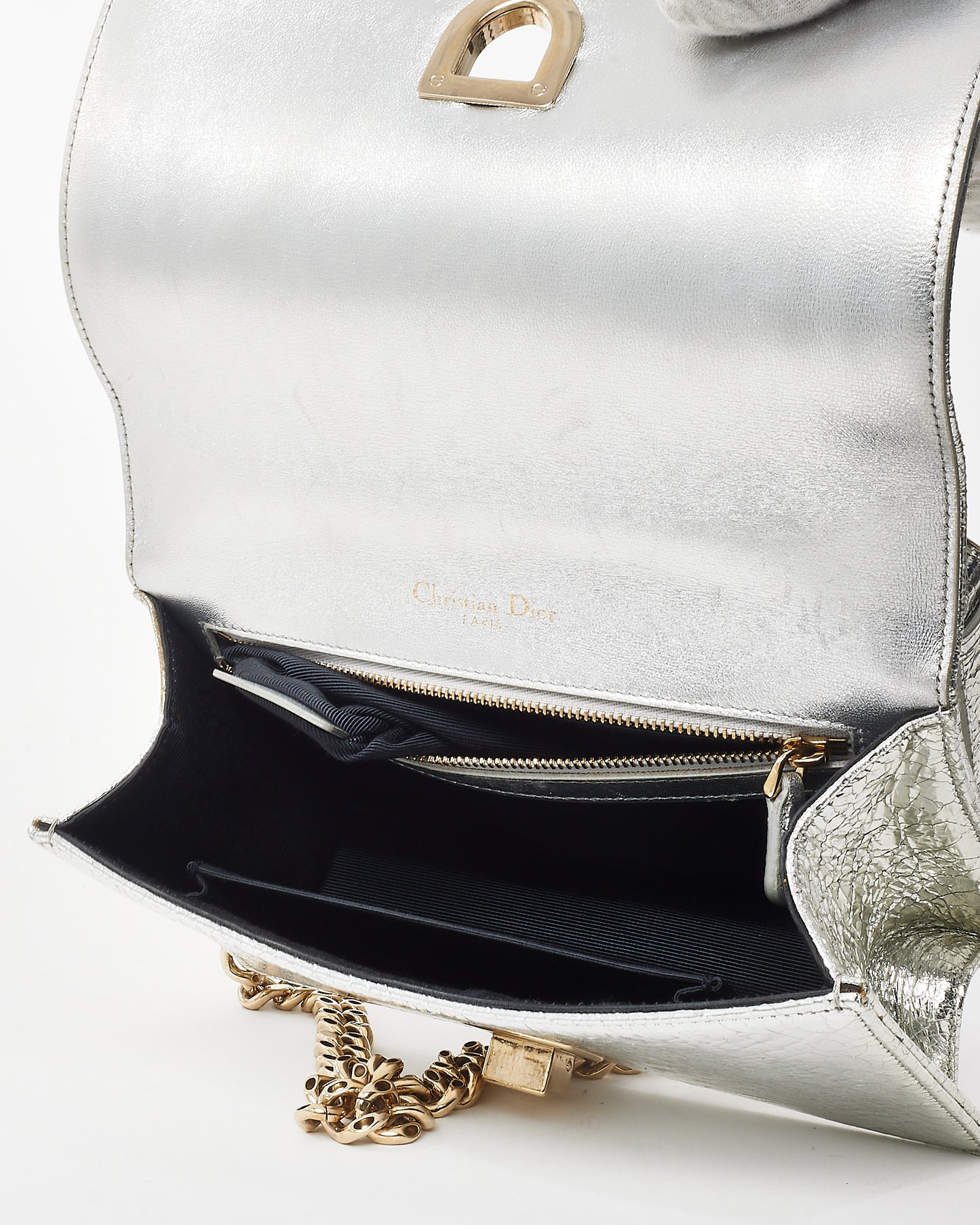 Dior Metallic Silver Crackled Leather Small Diorama Flap Bag