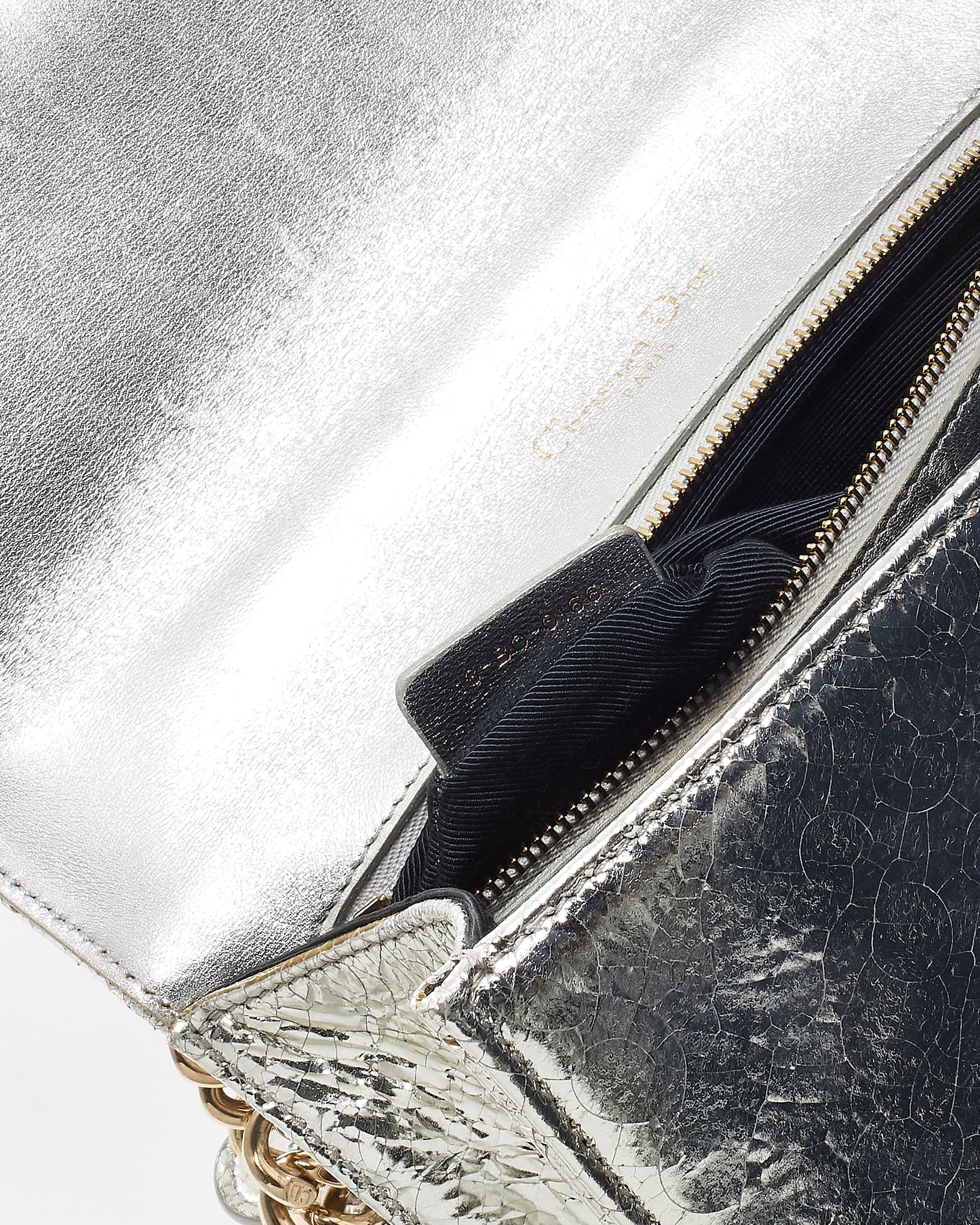 Dior Metallic Silver Crackled Leather Small Diorama Flap Bag