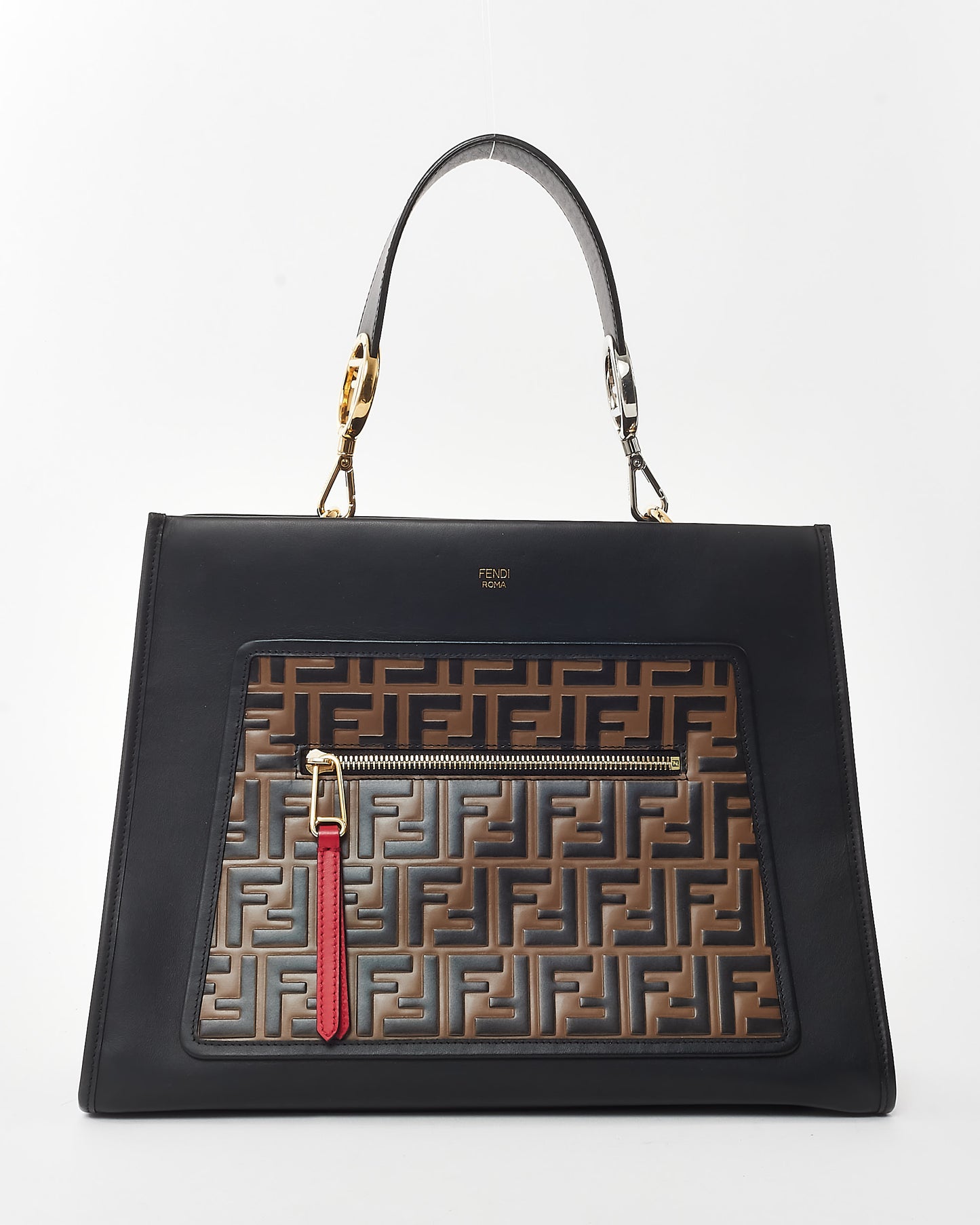 Fendi Black & Monogram FF Zucca Print Leather Runaway Tote w/ Strap