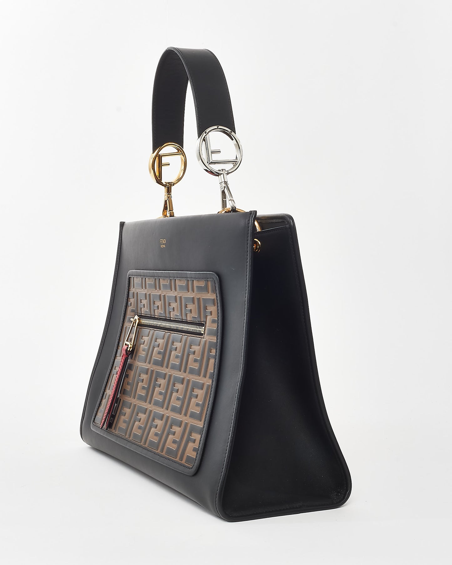 Fendi Black & Monogram FF Zucca Print Leather Runaway Tote w/ Strap