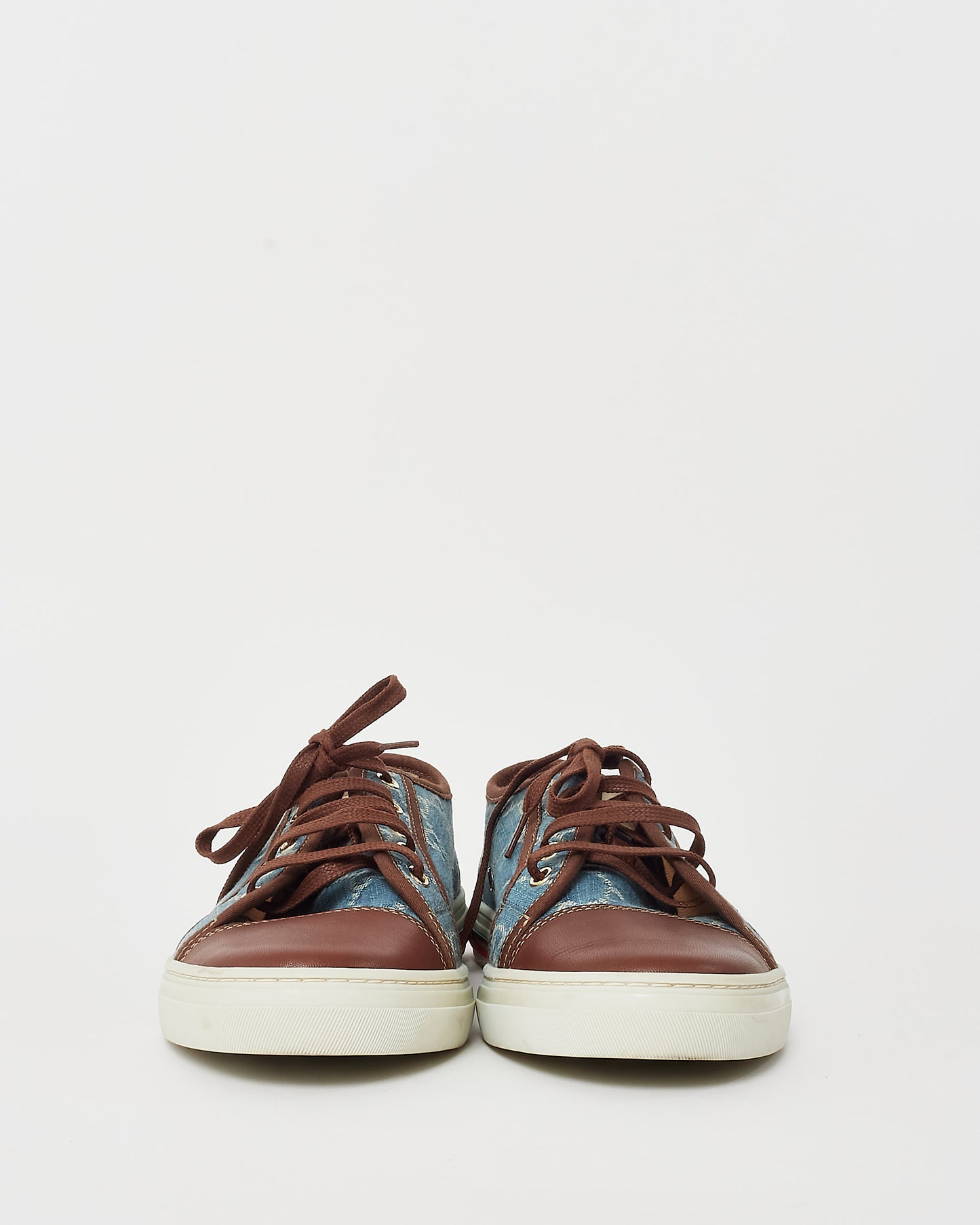 Gucci Brown Leather & Blue Monogram Denim Sneakers - 39.5