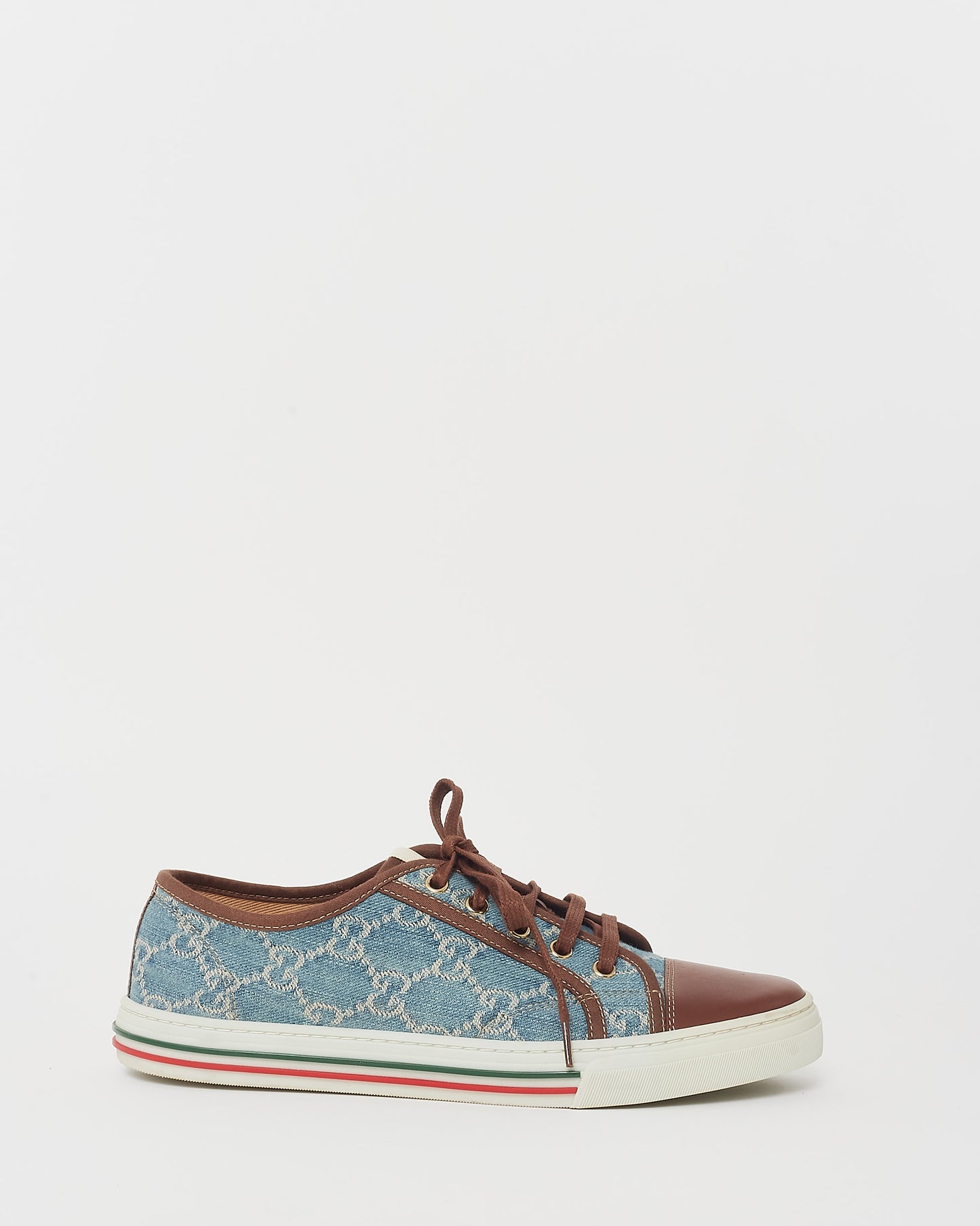 Gucci Brown Leather & Blue Monogram Denim Sneakers - 39.5