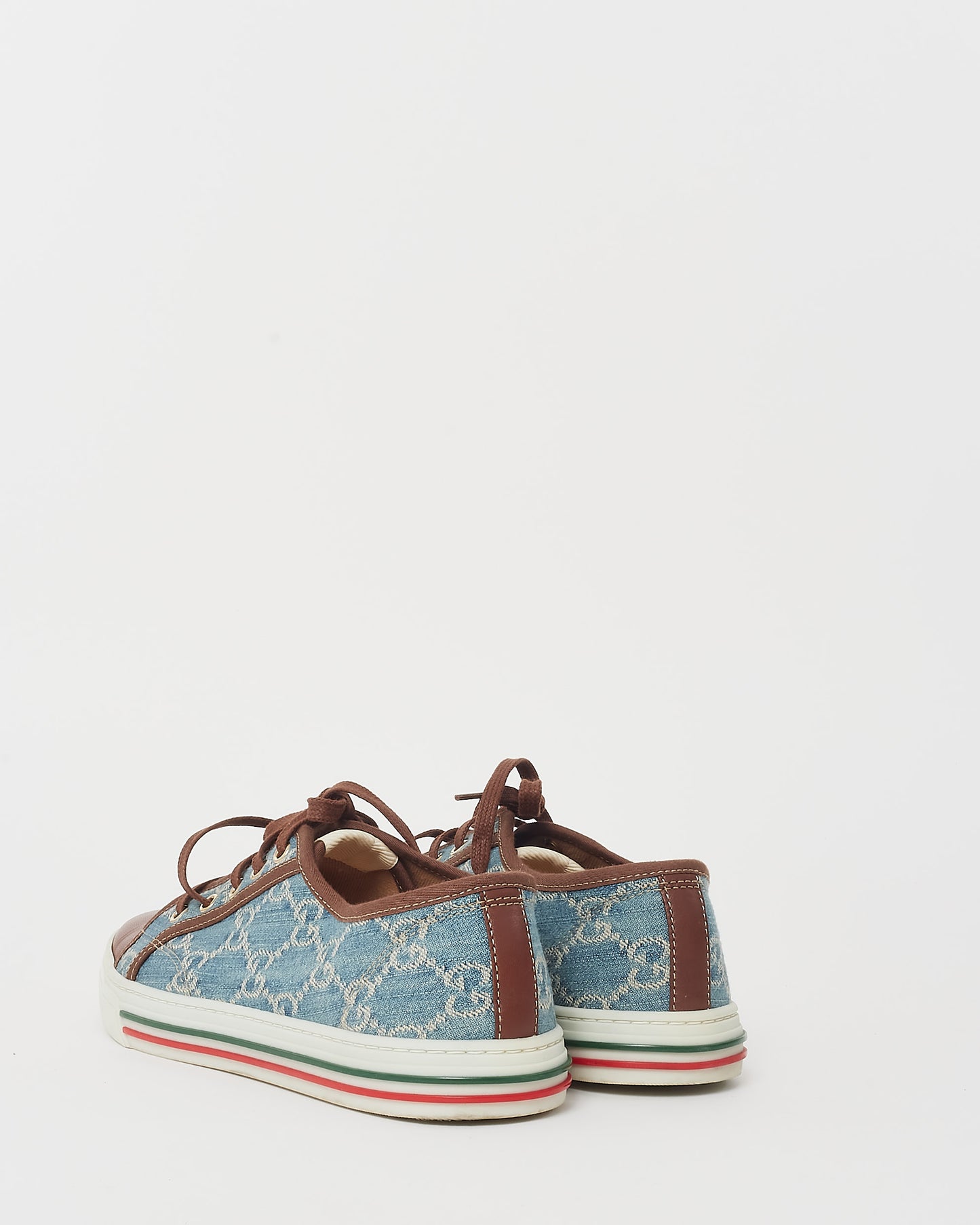 Gucci Brown Leather & Blue Monogram Denim Sneakers - 39.5