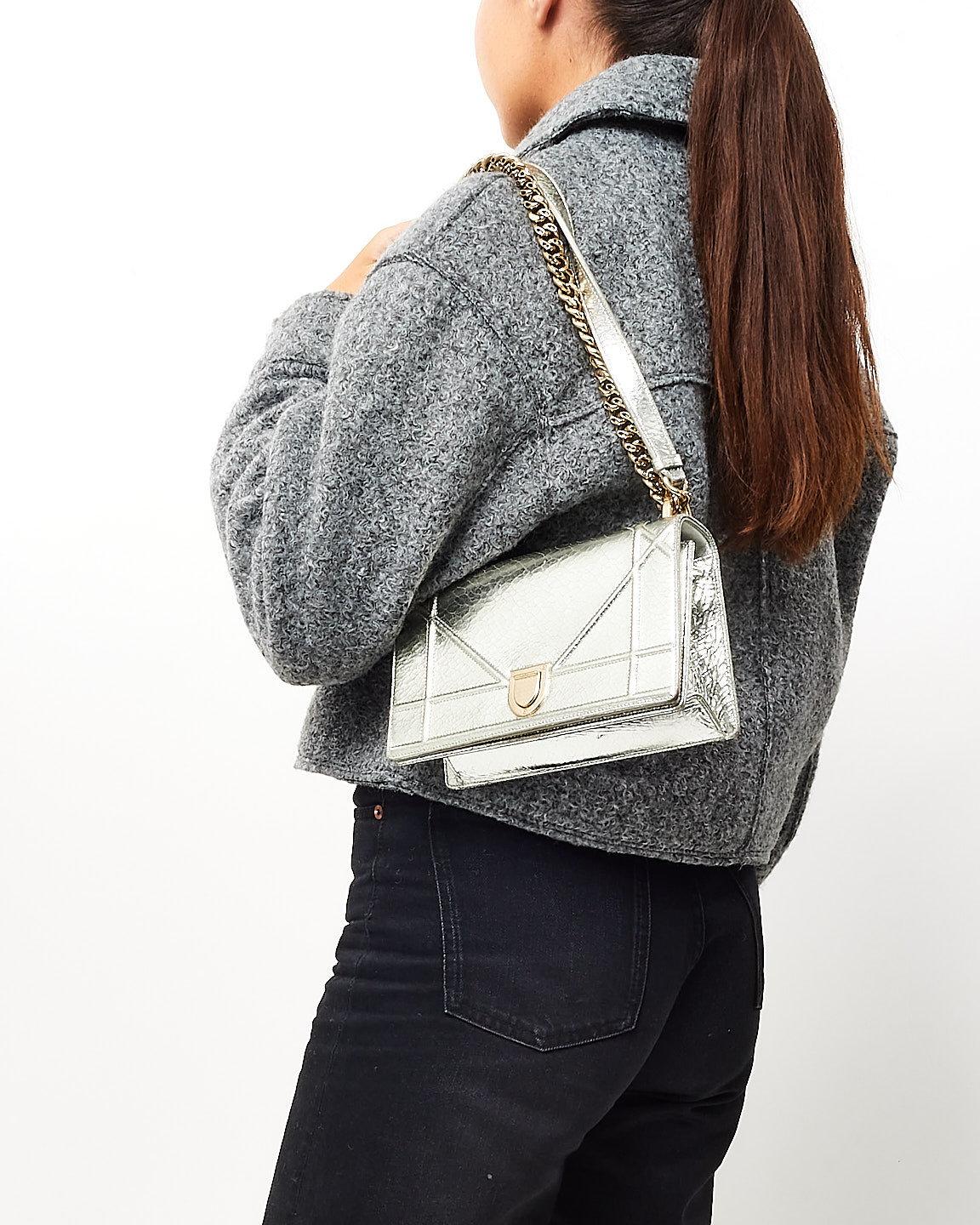 Dior Metallic Silver Crackled Leather Small Diorama Flap Bag