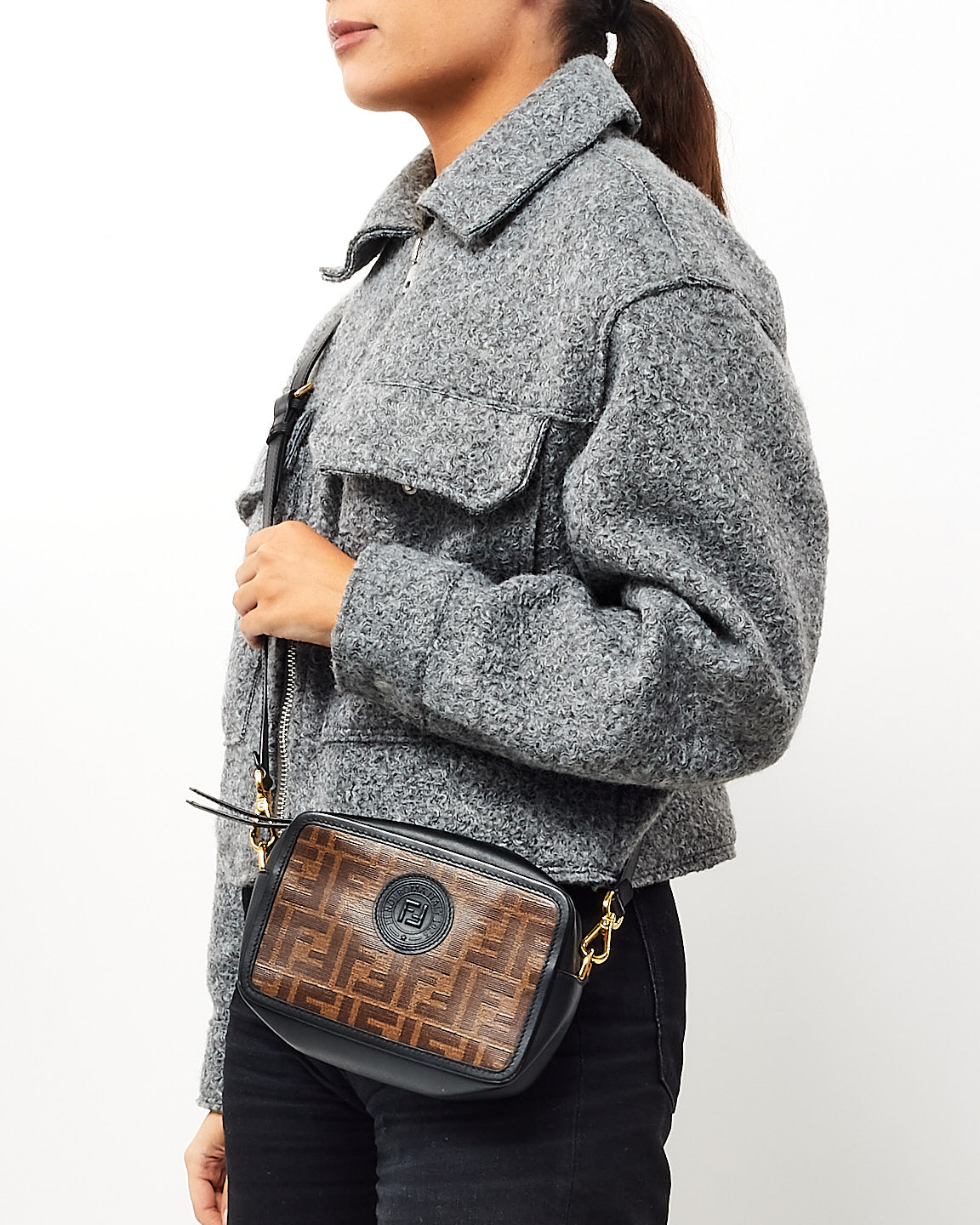 Fendi Black & Brown FF Zucca Coated Canvas FF 1974 Stamp Camera Bag