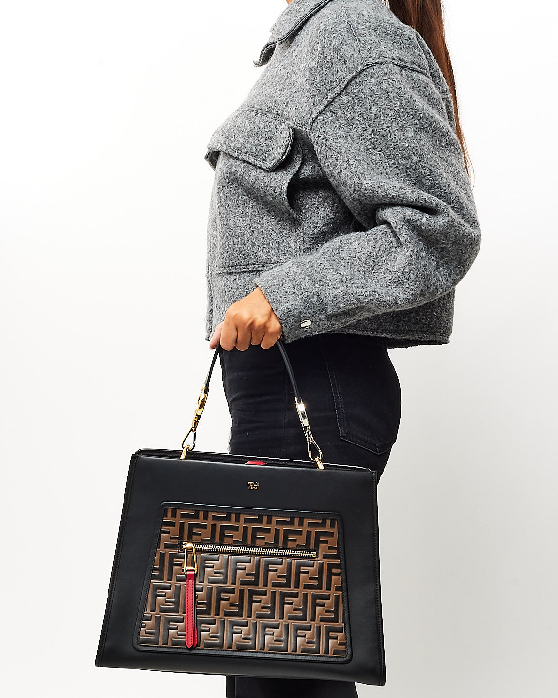 Fendi Black & Monogram FF Zucca Print Leather Runaway Tote w/ Strap