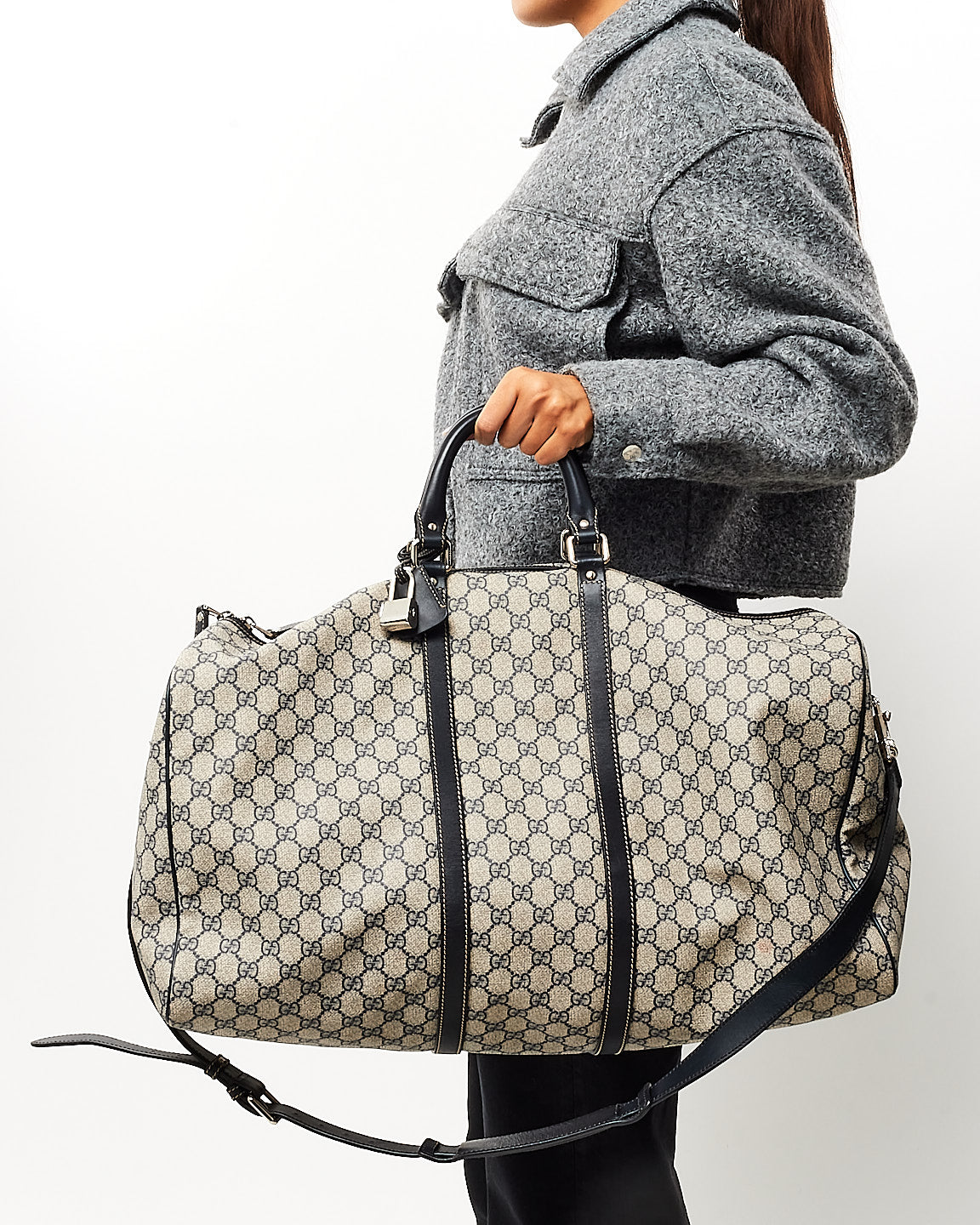 Gucci Navy & Beige Monogram GG Supreme Canvas Carry On Duffle Bag w/ Strap