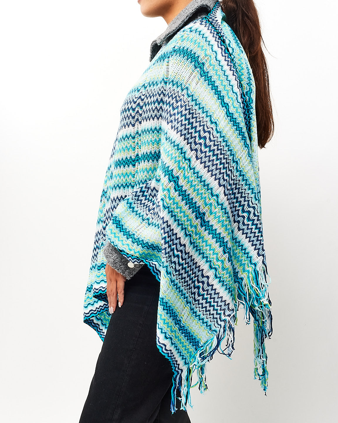 Missoni Blue & Multi Zigzag Knit Cotton Poncho Scarf