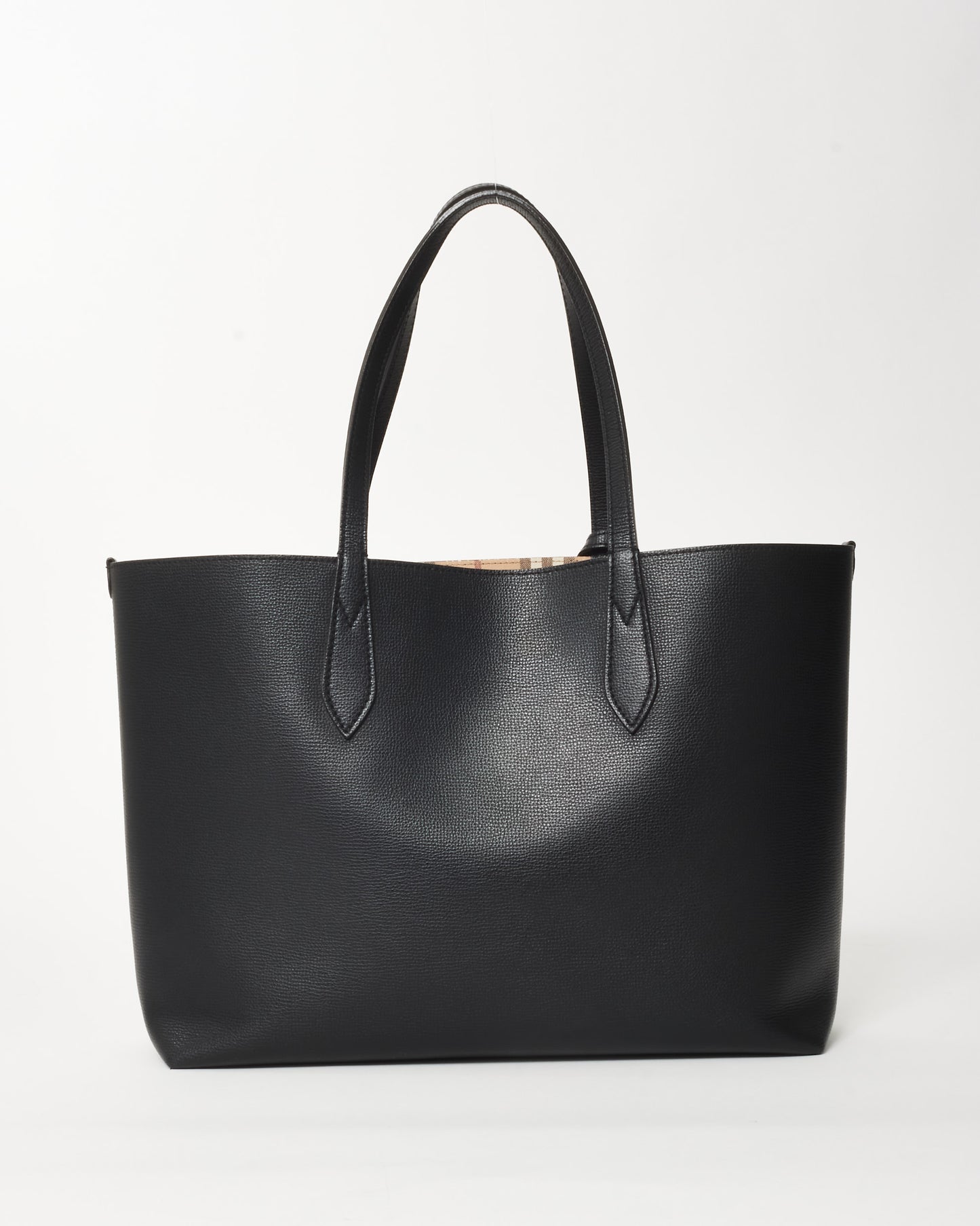 Burberry Black Leather & Beige Check Canvas Reversible Tote Bag